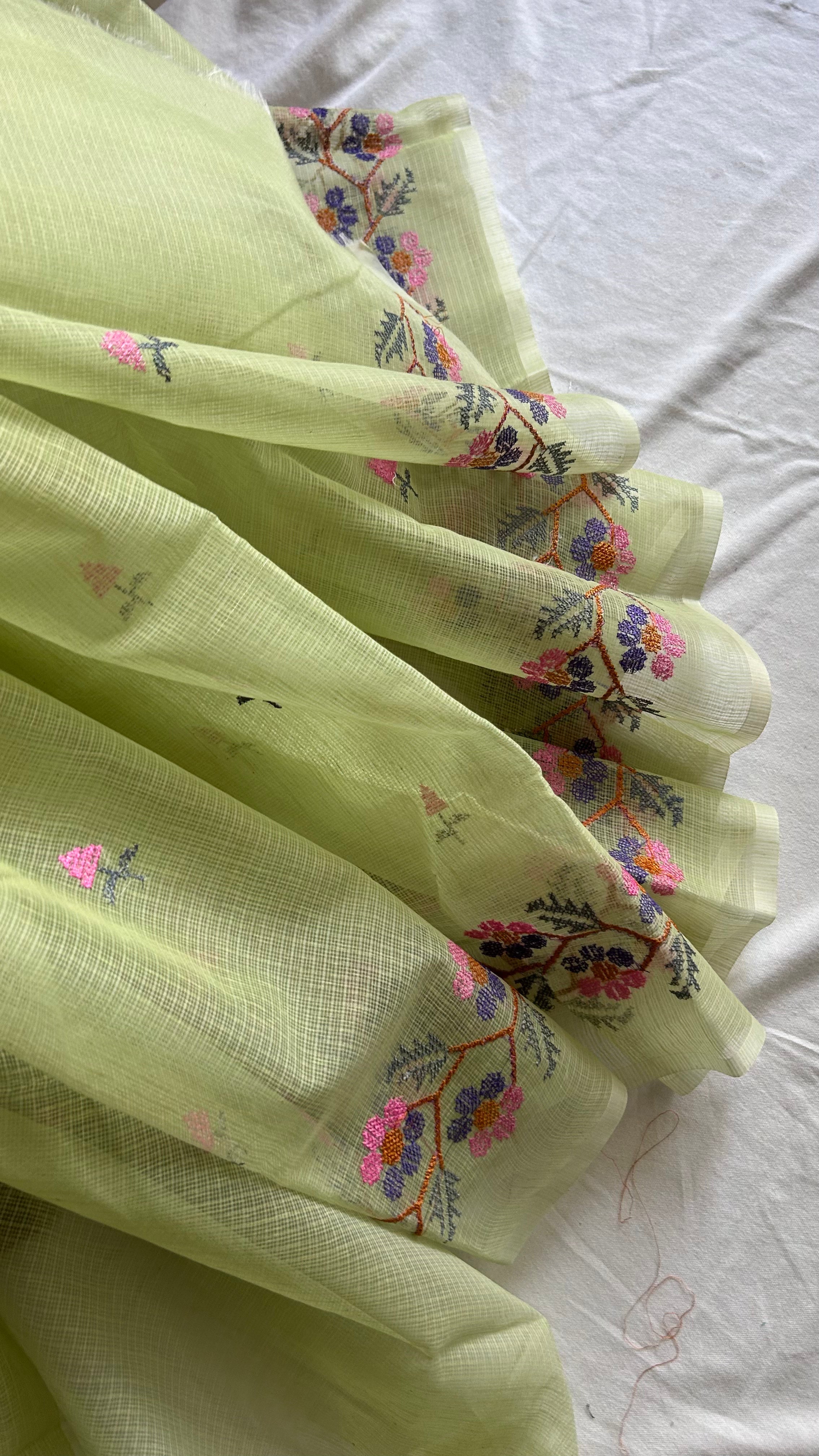 Cross Stitch Kota Doria Embroidery Work Saree In Pista Green