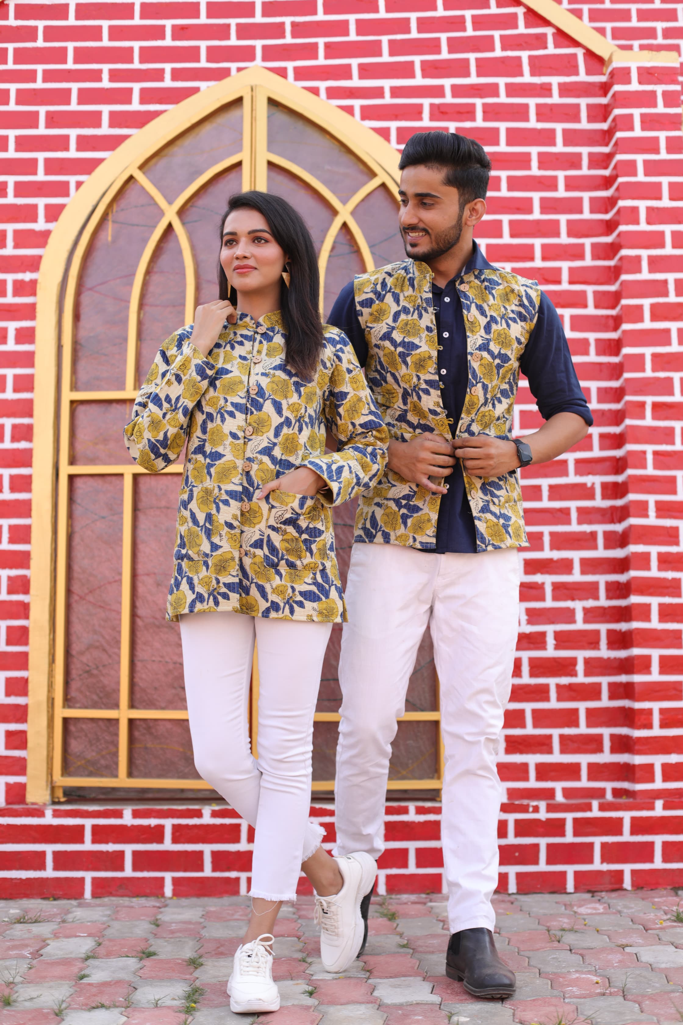 Yellow Color Twinning Couple Pure Cotton Bagru Print Quilted Reversible Jackets