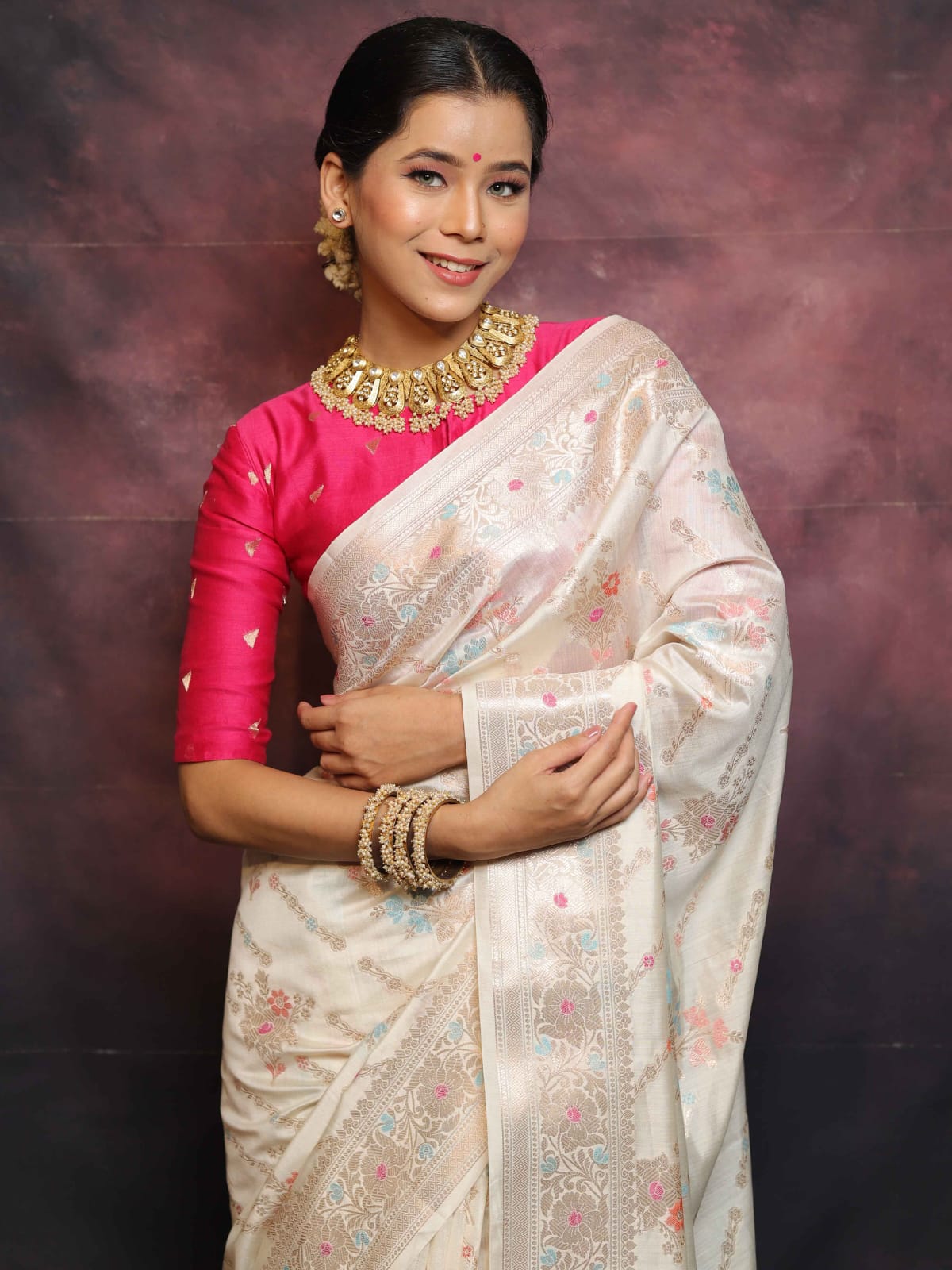 Rose Chiniya Silk Saree with Meenakari