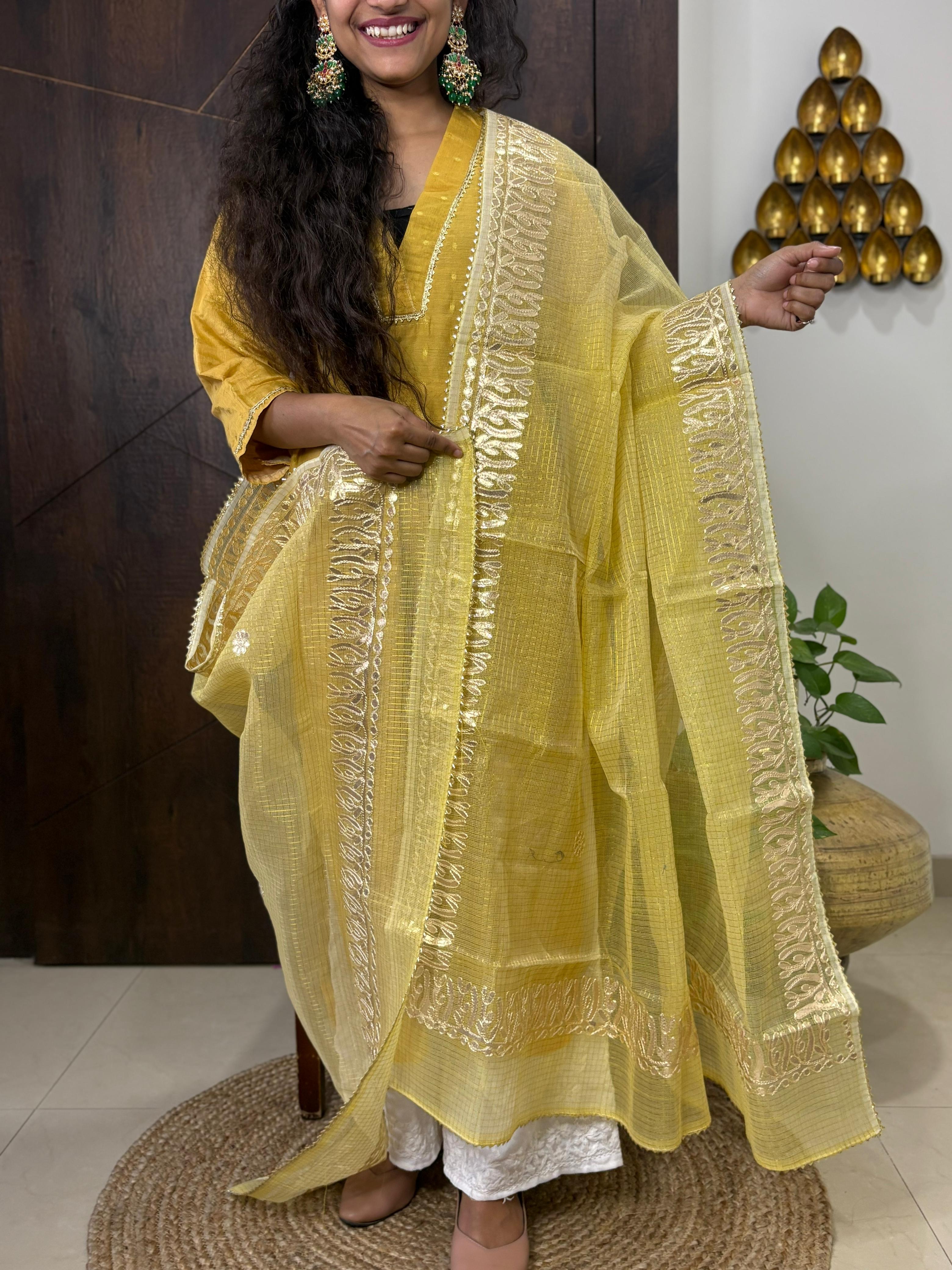 Yellow Kota Doria Heavy Gota Patti Work Dupatta