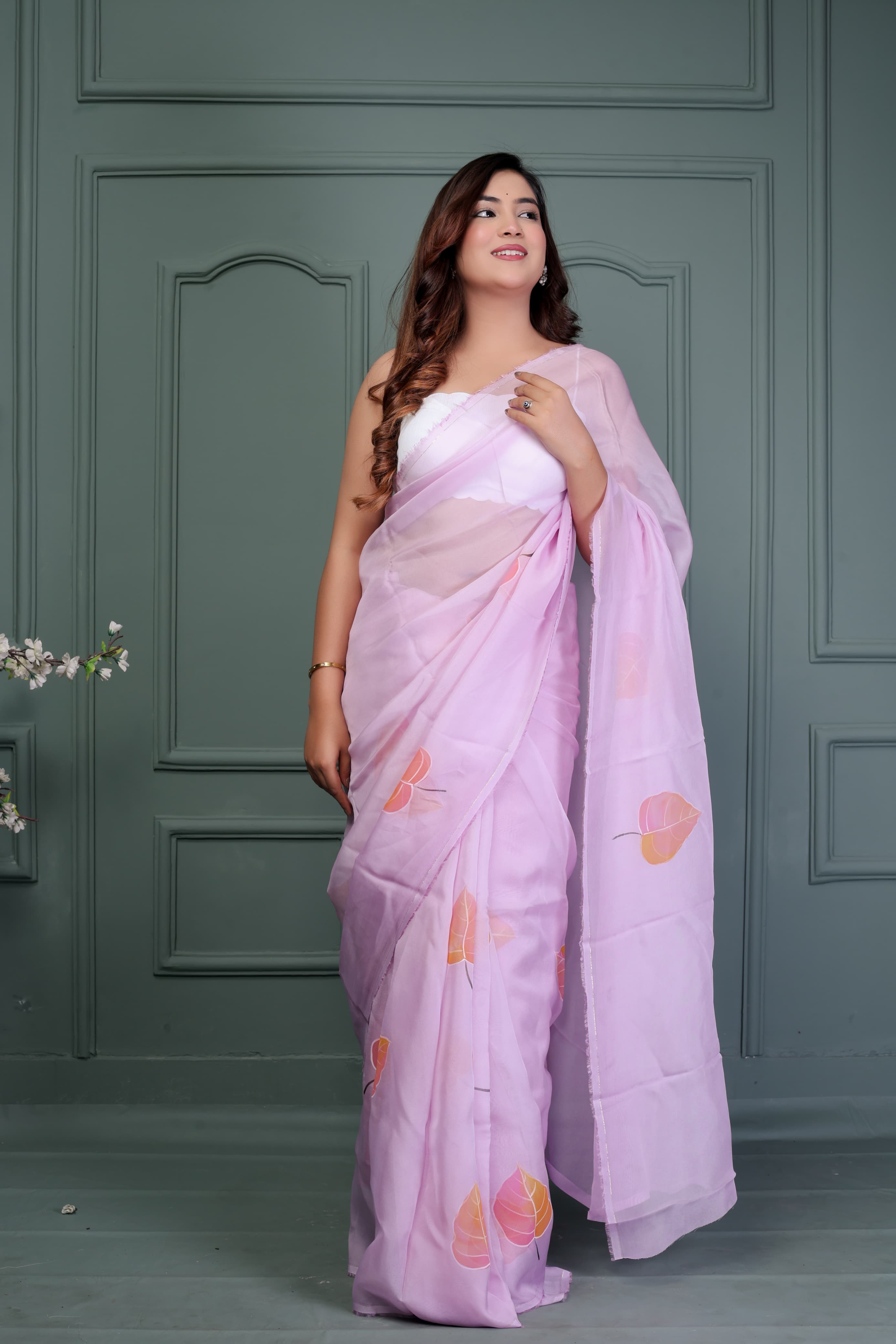 Pink Organza Hand Painted Saree