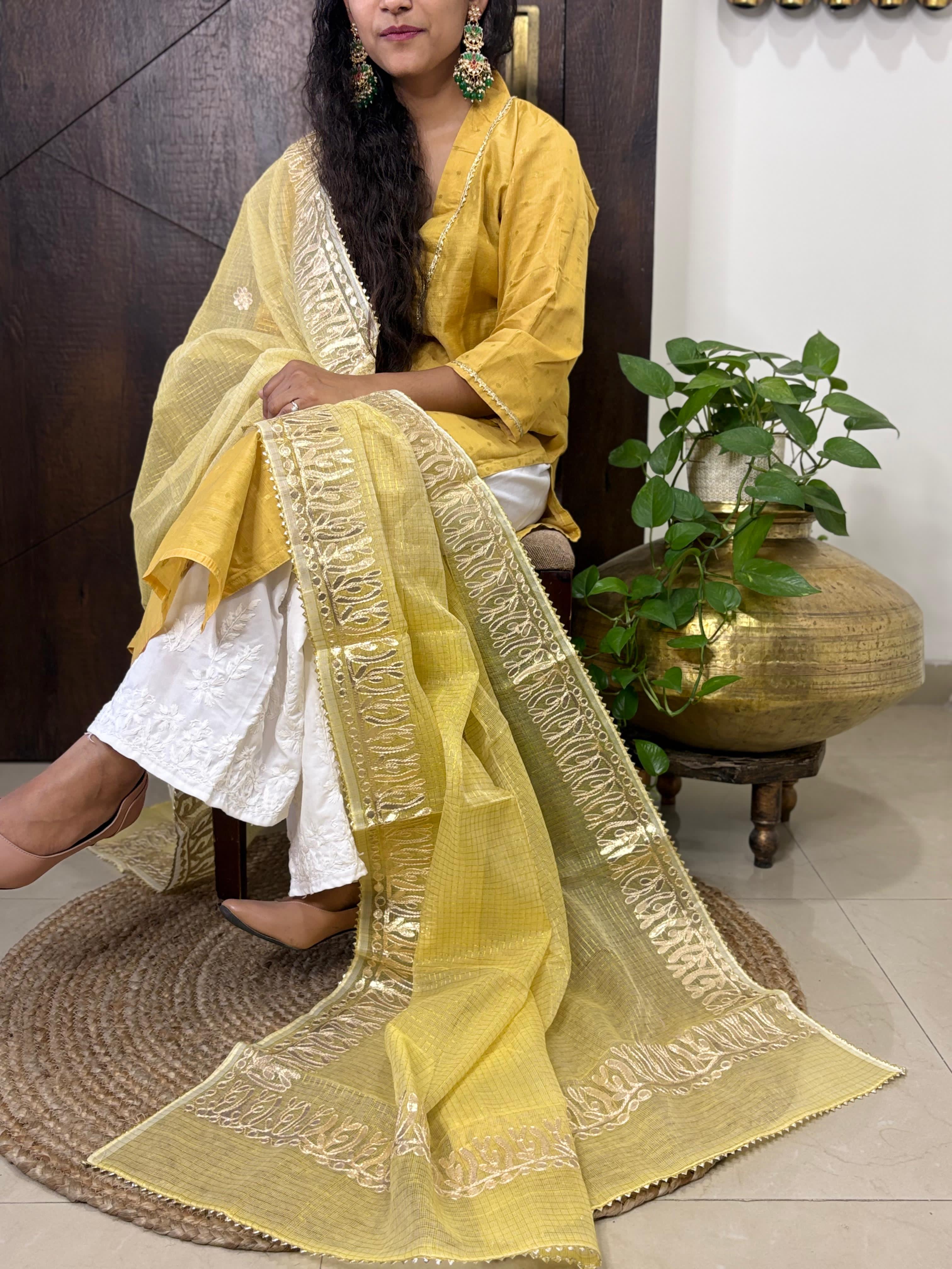 Yellow Kota Doria Heavy Gota Patti Work Dupatta