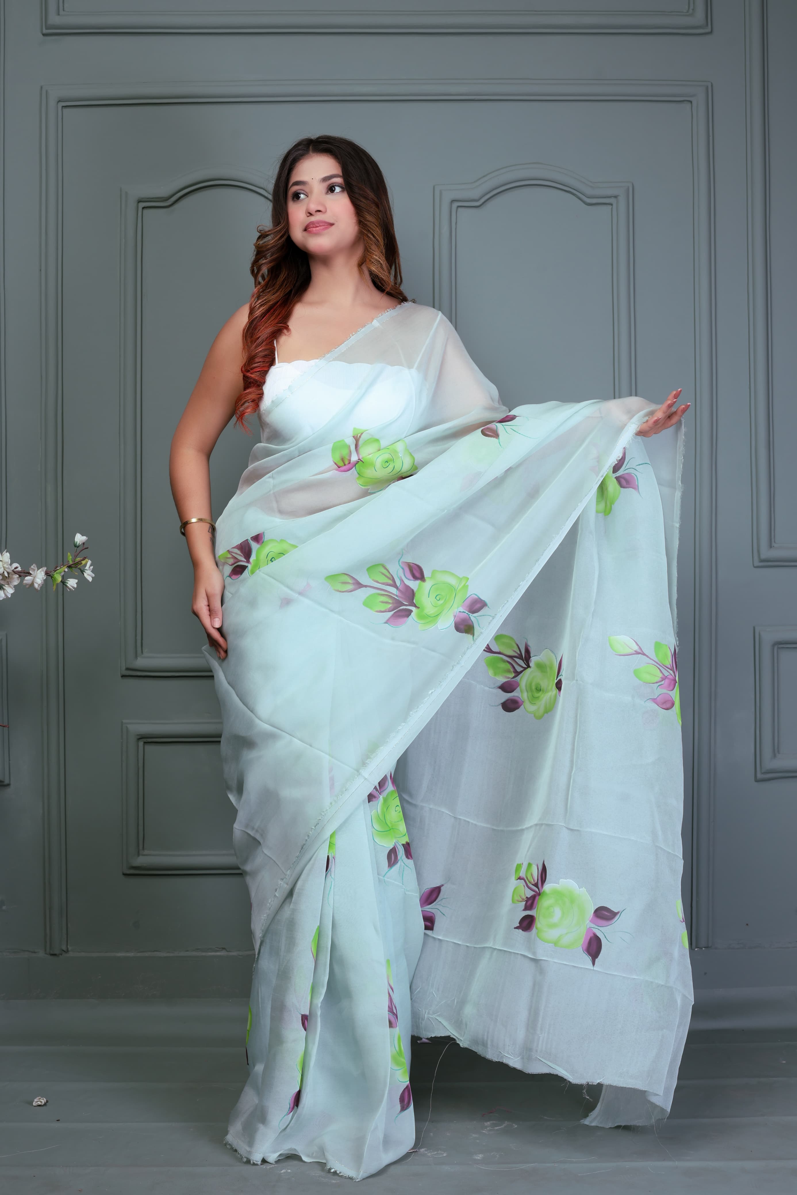 Green Organza Hand Painted Saree