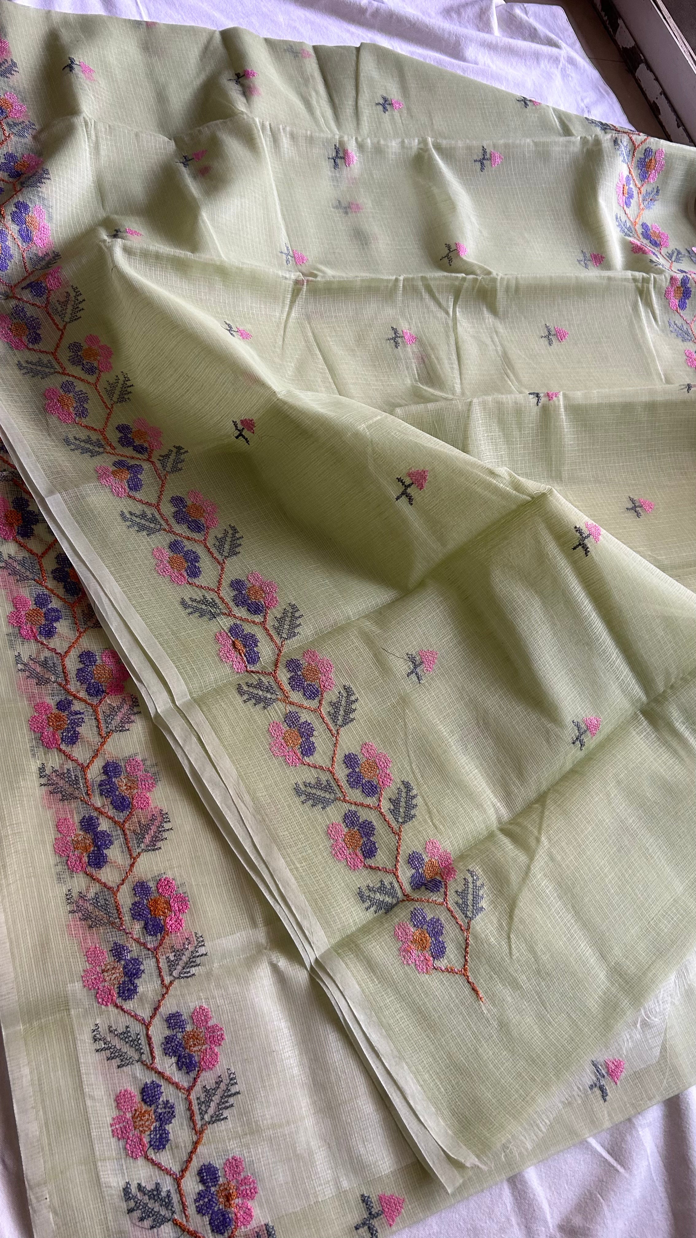 Cross Stitch Kota Doria Embroidery Work Saree In Pista Green