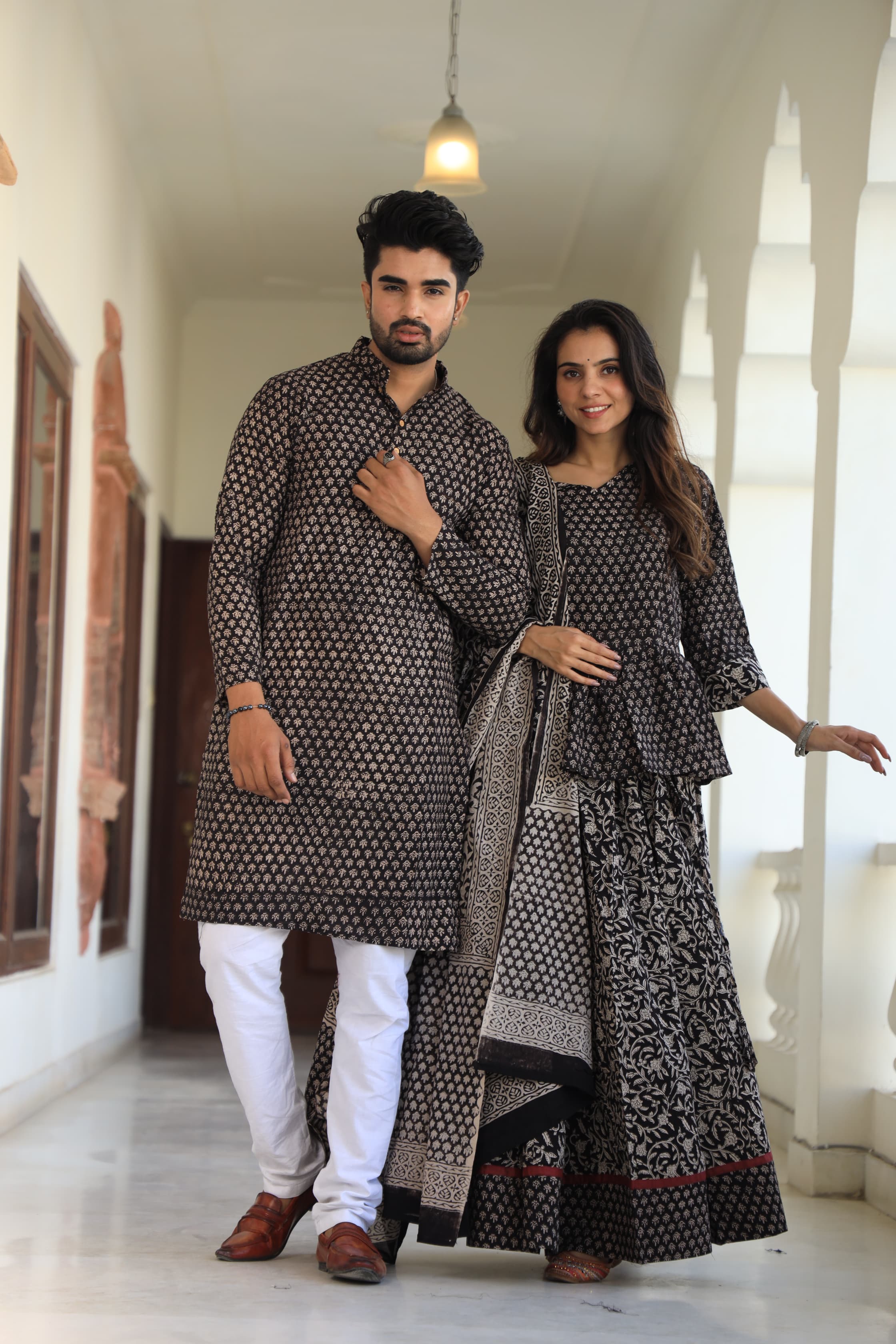 Black colour Pure Cotton Twinning Couple Set In Block Print