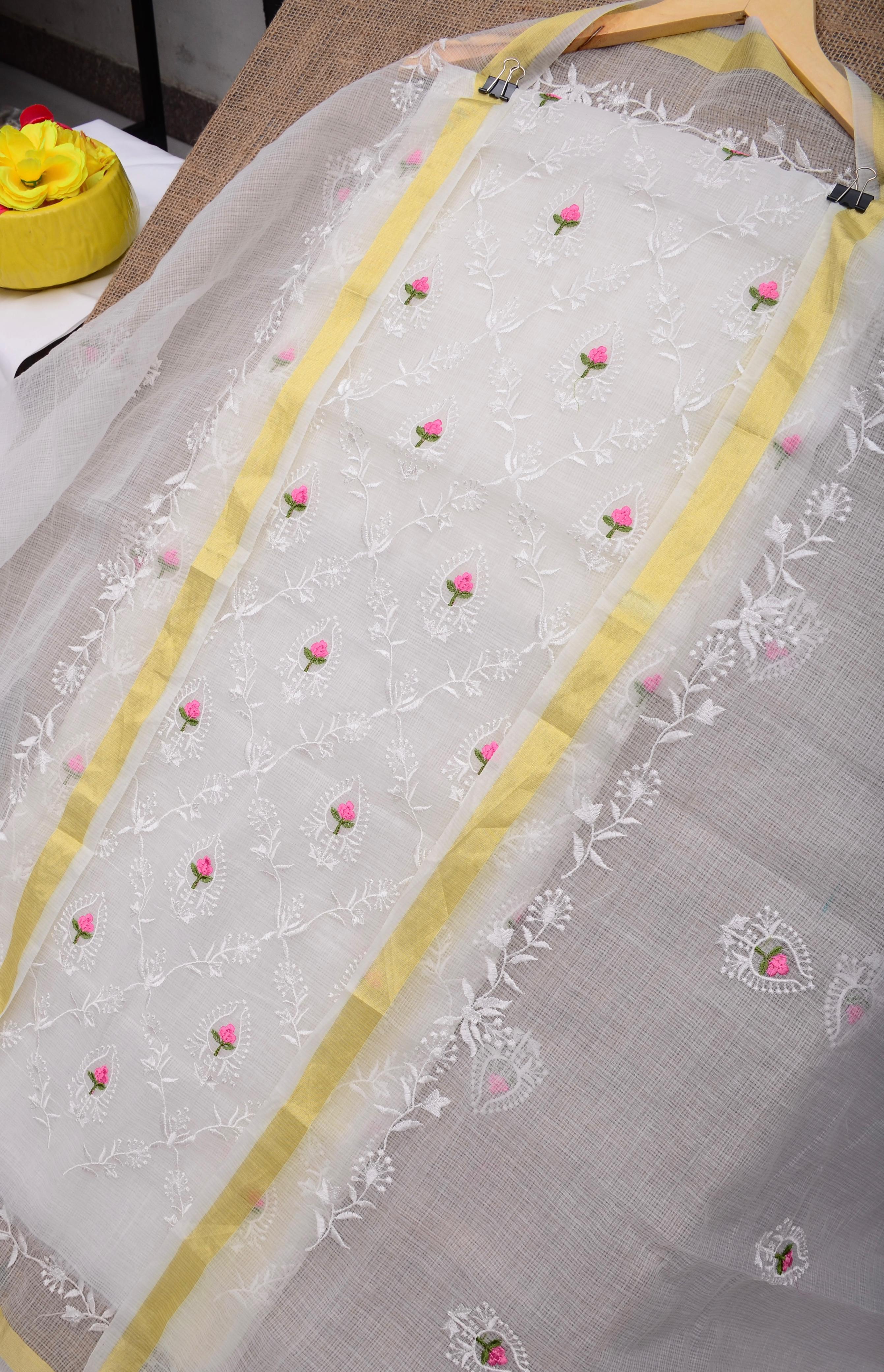 White Kota Doria Embroided Suit Fabric With Dupatta