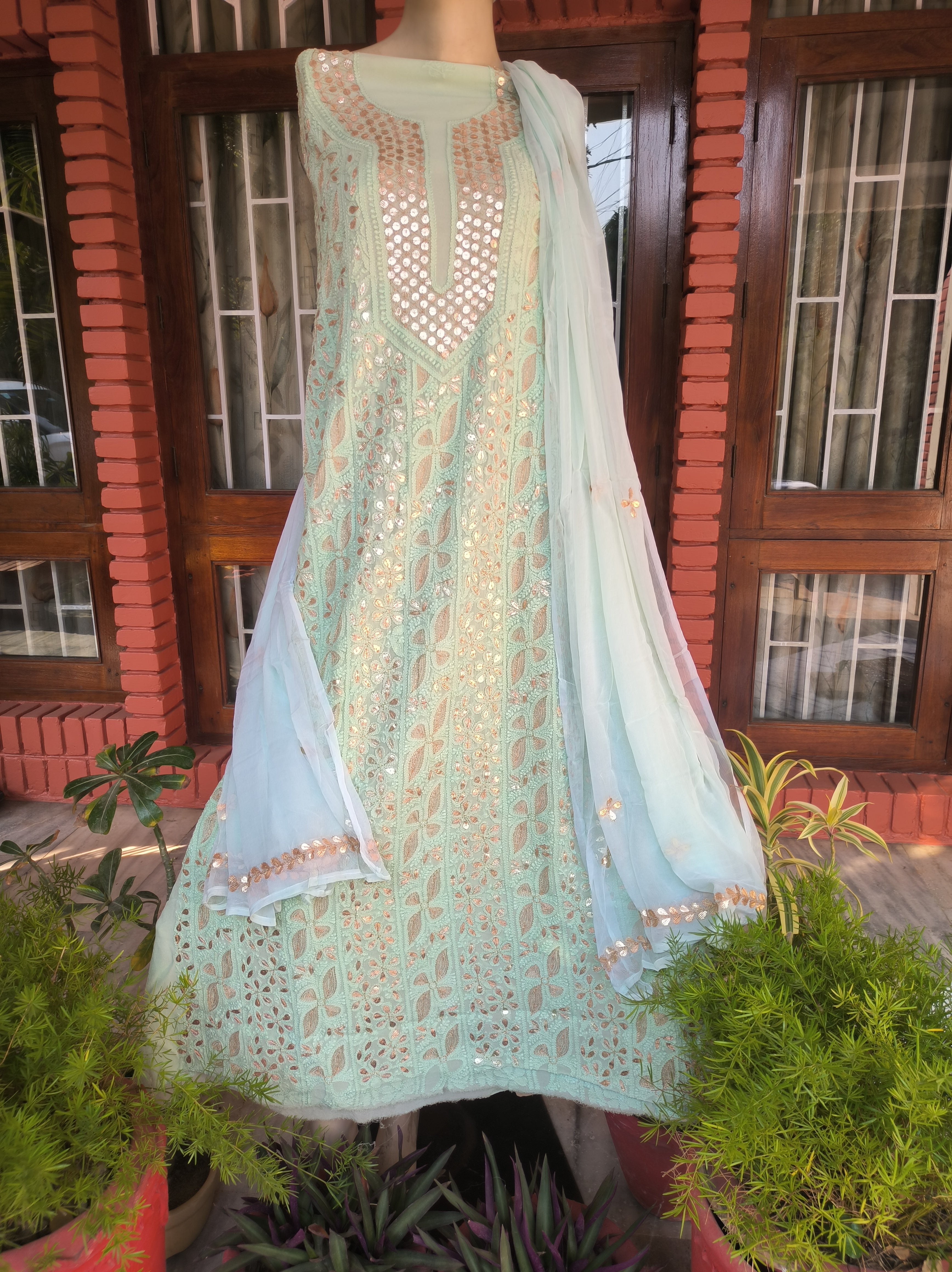 Sage Green Lucknowi Chikankari Gota Patti Salwar Suit(Dress Material)