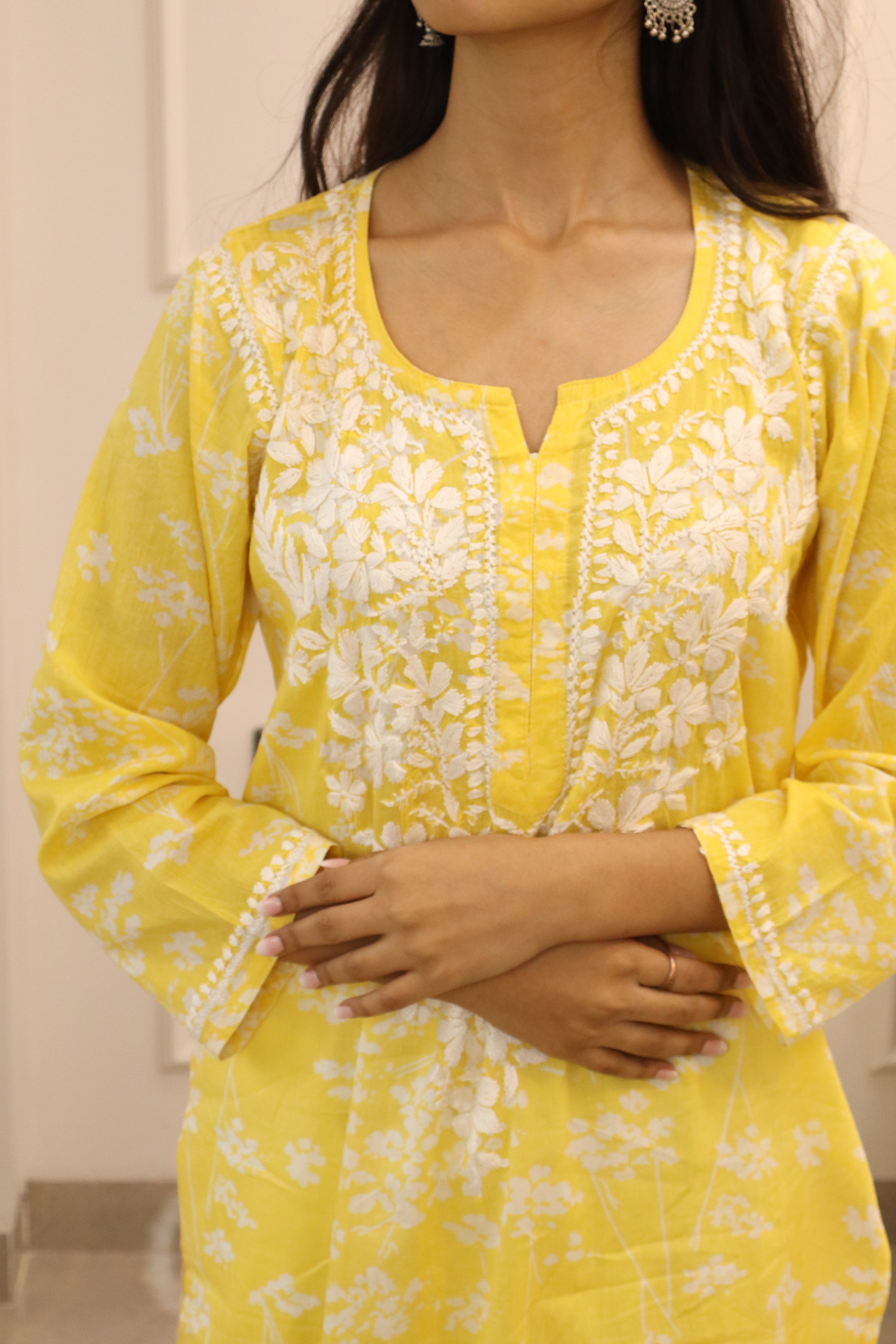 Yellow  floral mul cotton chikankari kurti (only kurti)