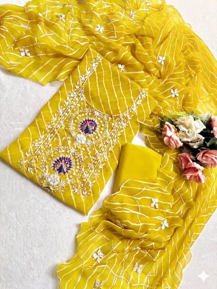 Beautiful Yellow Color Leheriya Gota Patti Work Suit