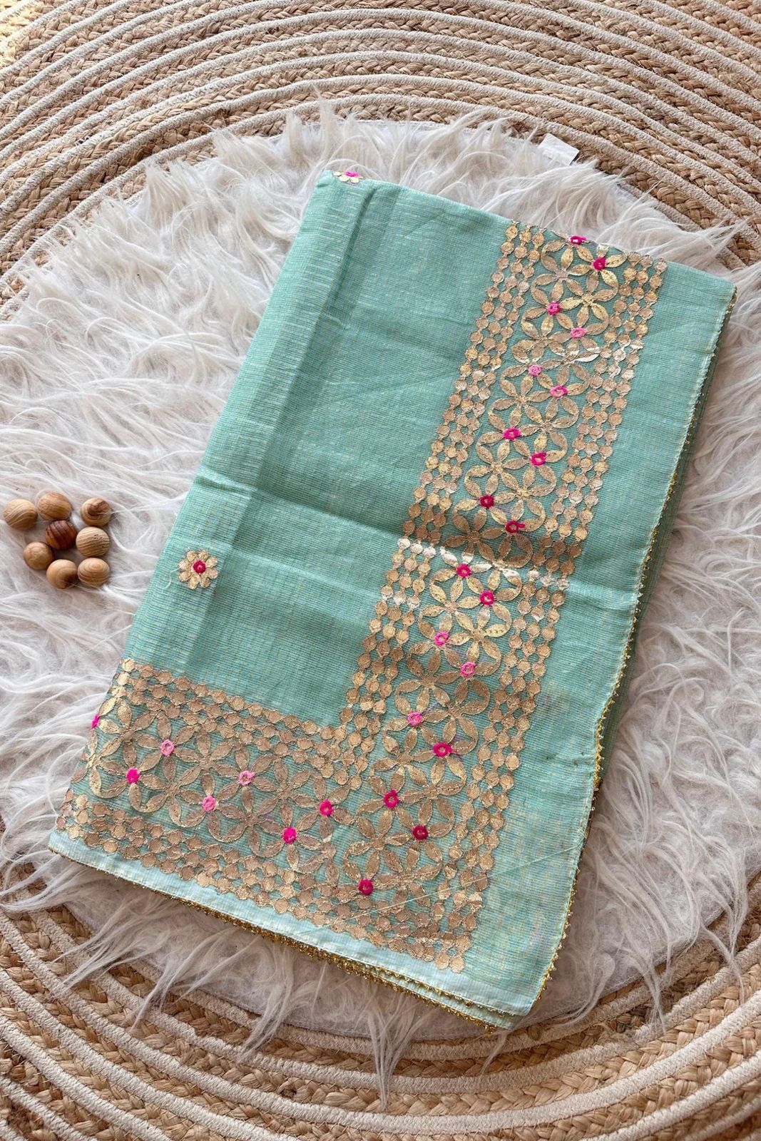 Gulhari- Sky Blue Kota Doria Heavy Border Gota Patti Saree