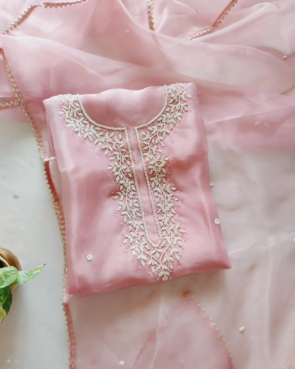 Pink Organza Suit With Heavy Pearl Neck Work