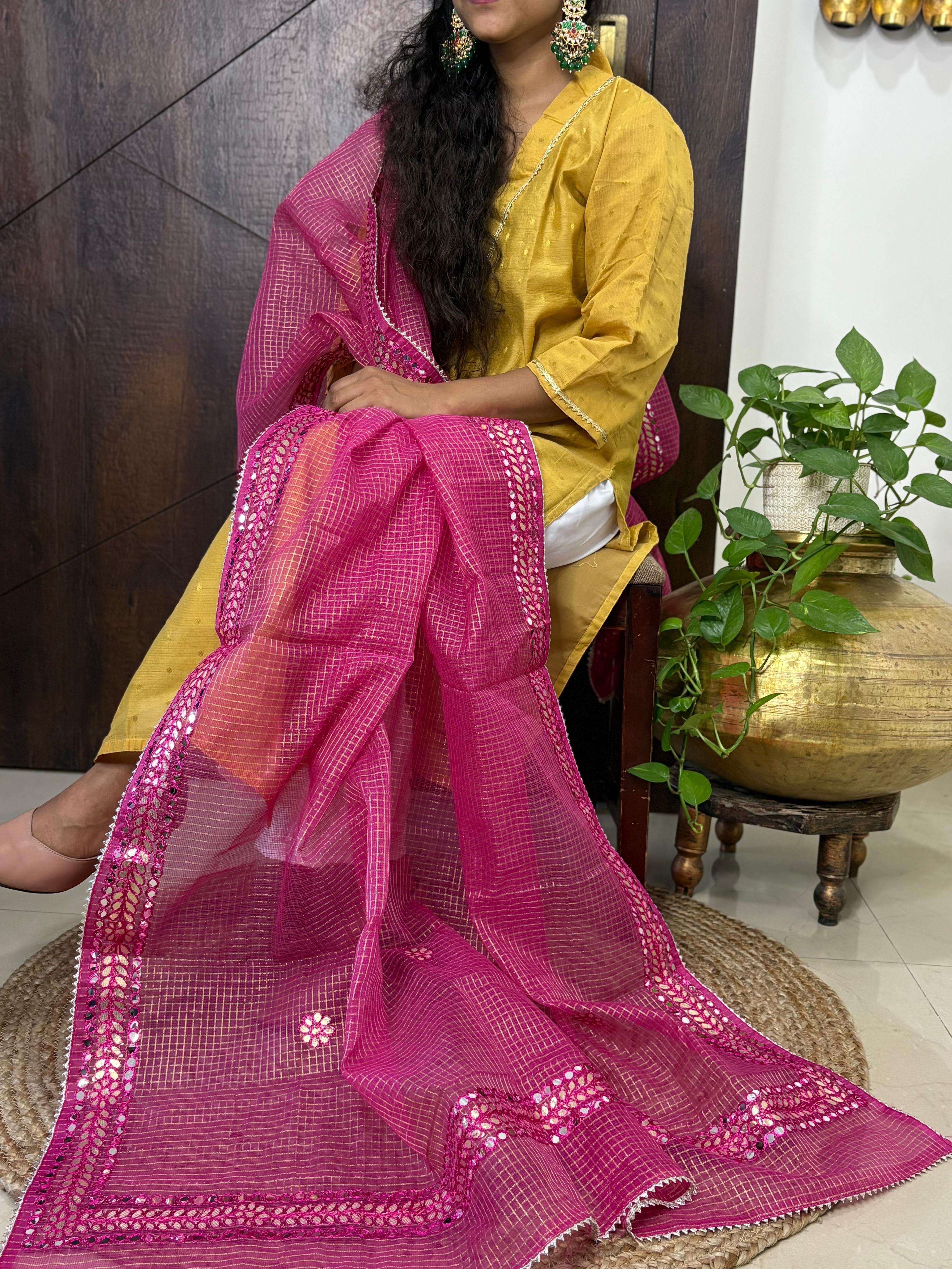 Pink Kota Doria Heavy Gota Patti Work Dupatta