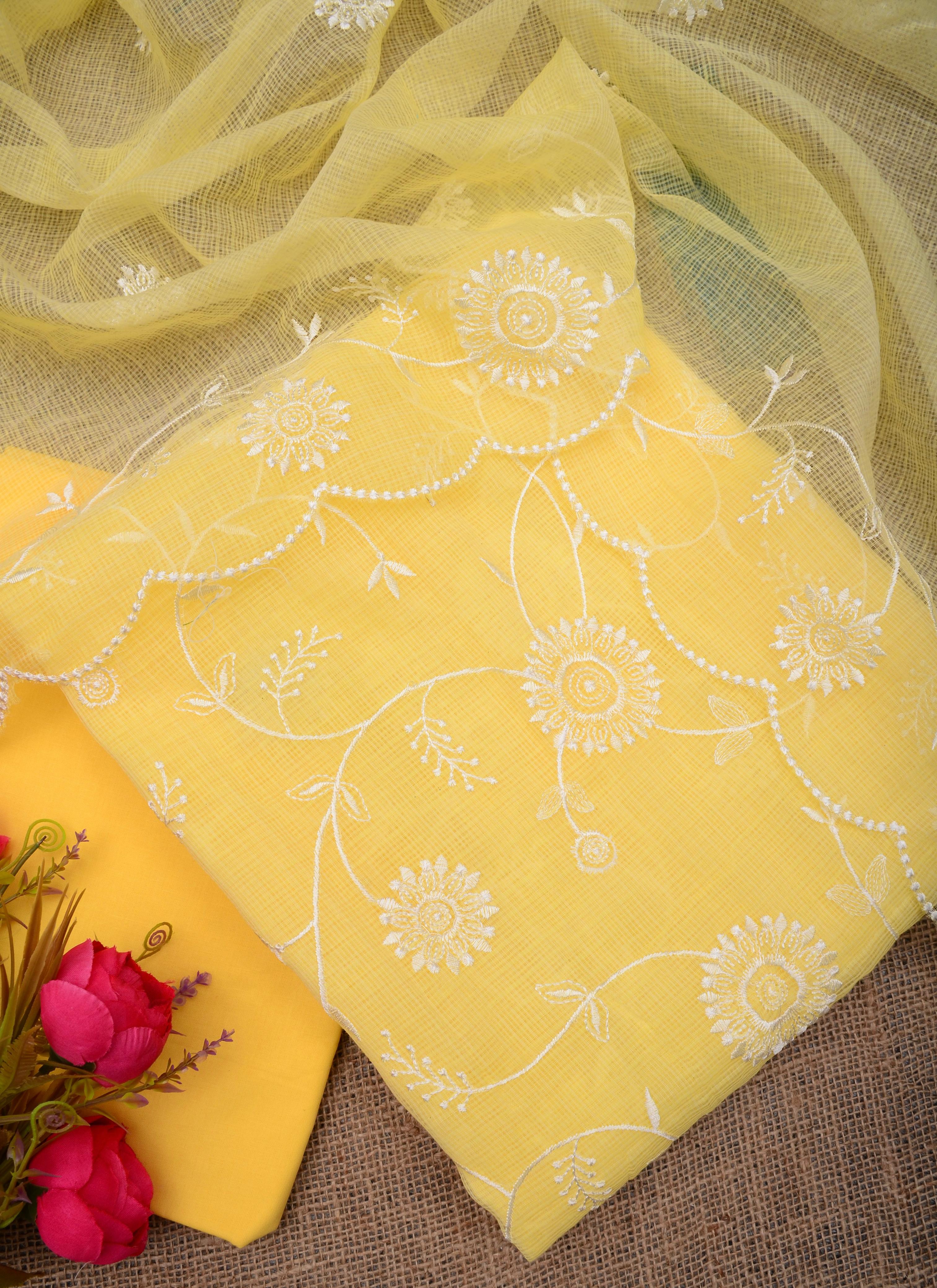 Tara- Kota Doriya Embroidery Work Suit In Yellow