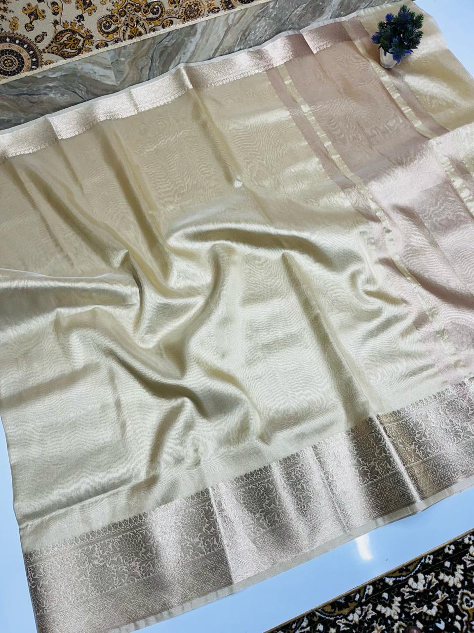 Gold zari weave border banarasi soft tissue saree 2024 in shimmer cream