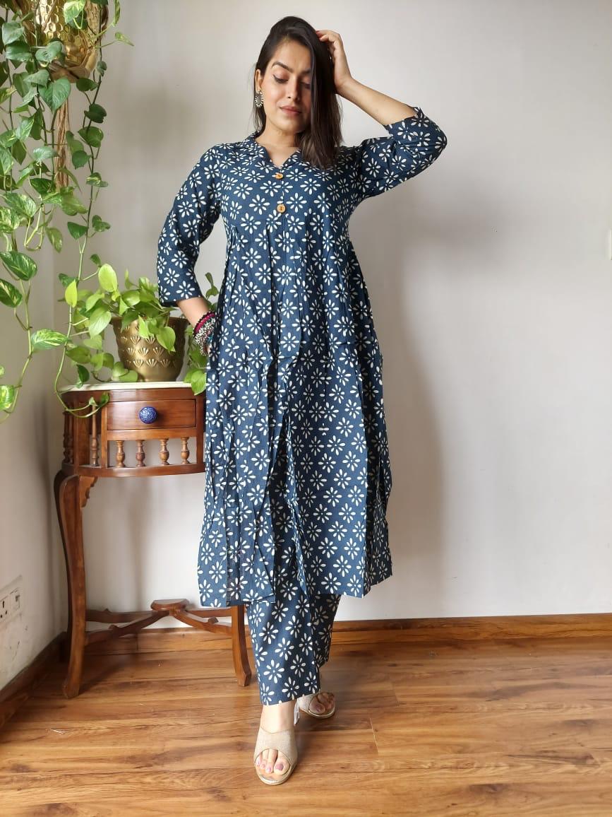 Navy Blue Floral Bagru Print Naira Cut Office Suit Set