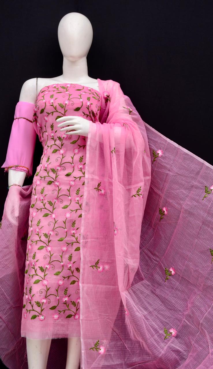 Kota Doria Embroidered Suit Set In Pink