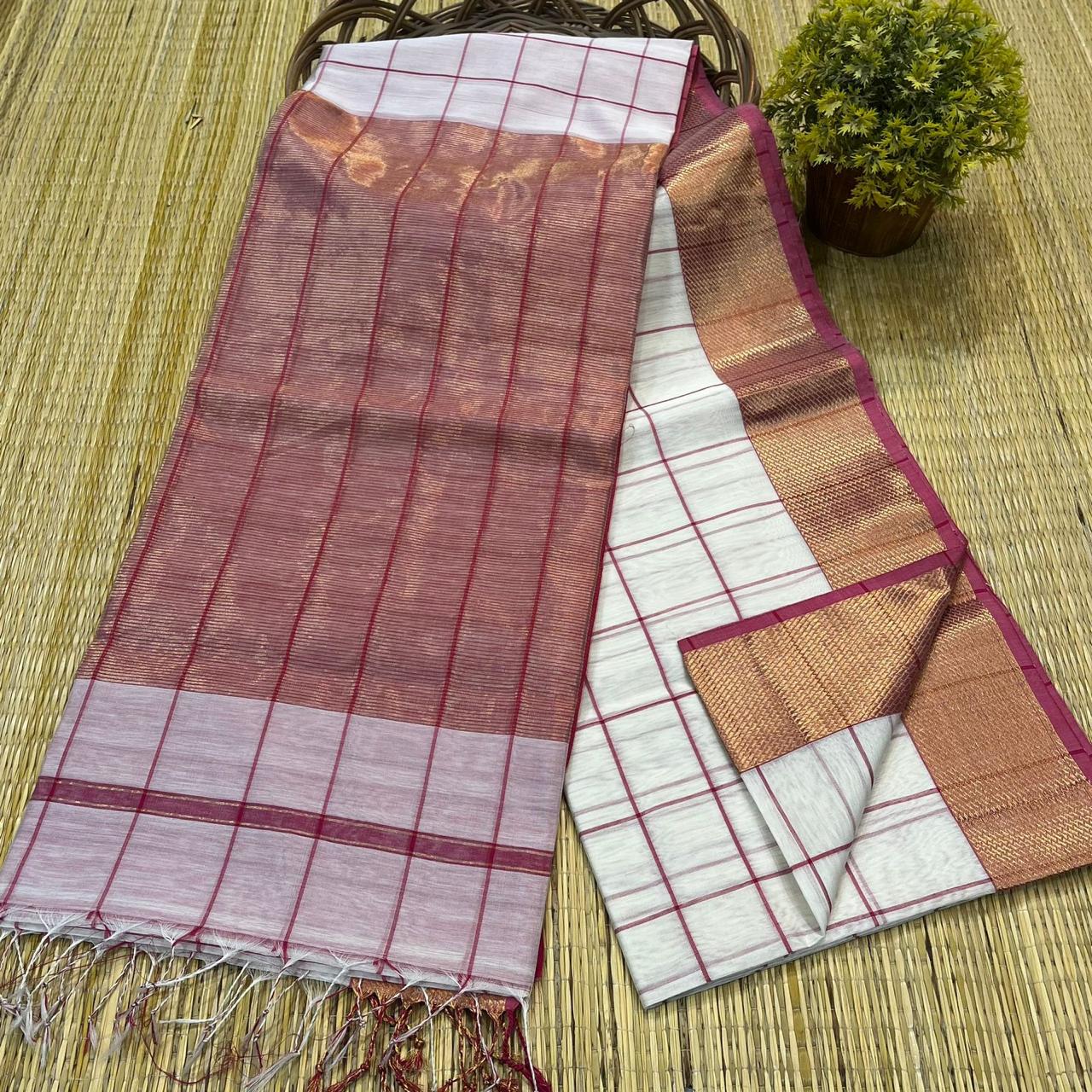 Maheshwari Silk Saree In White & Pink