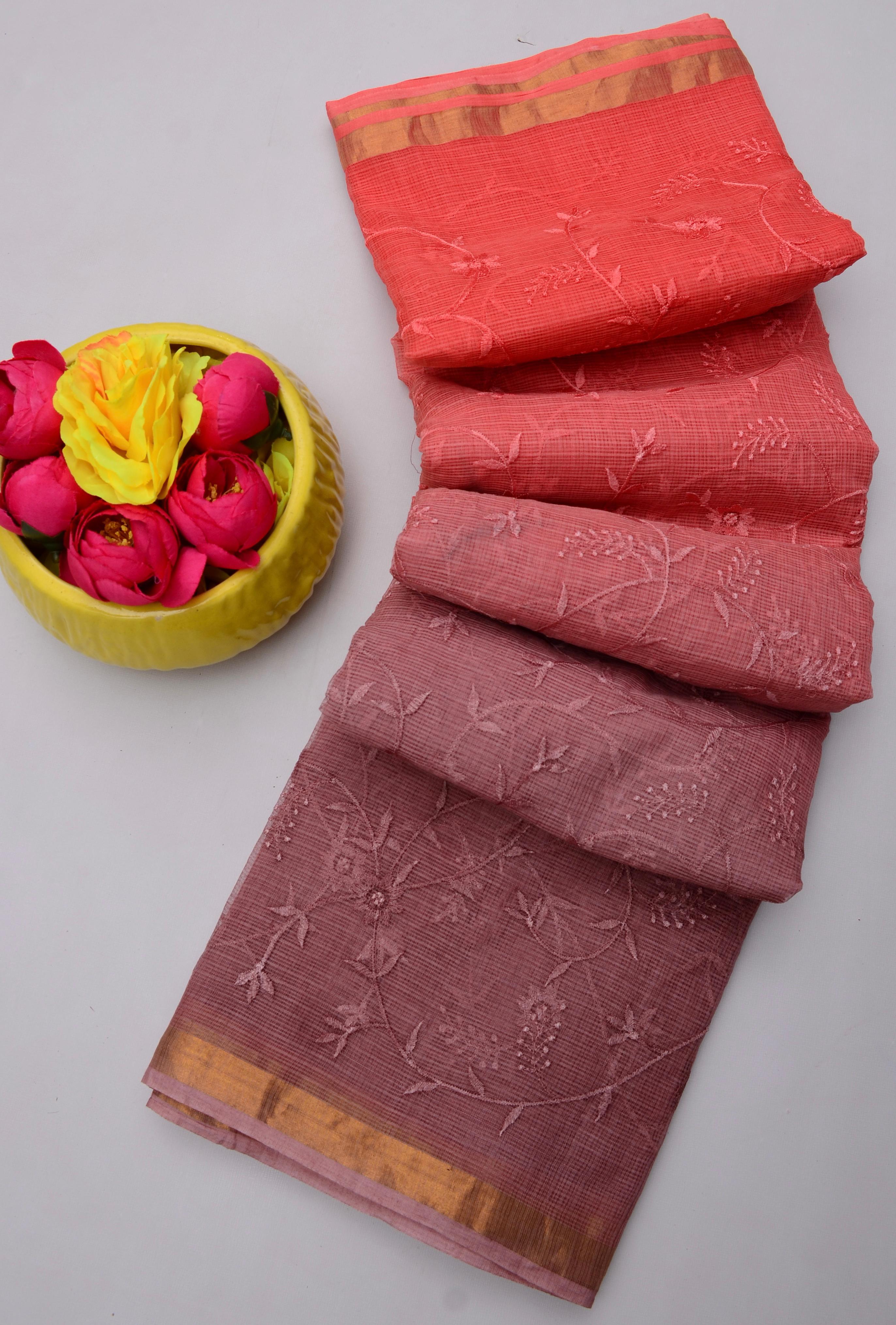 Mauve & Red Kota Doria All Over Embroidery Work Saree