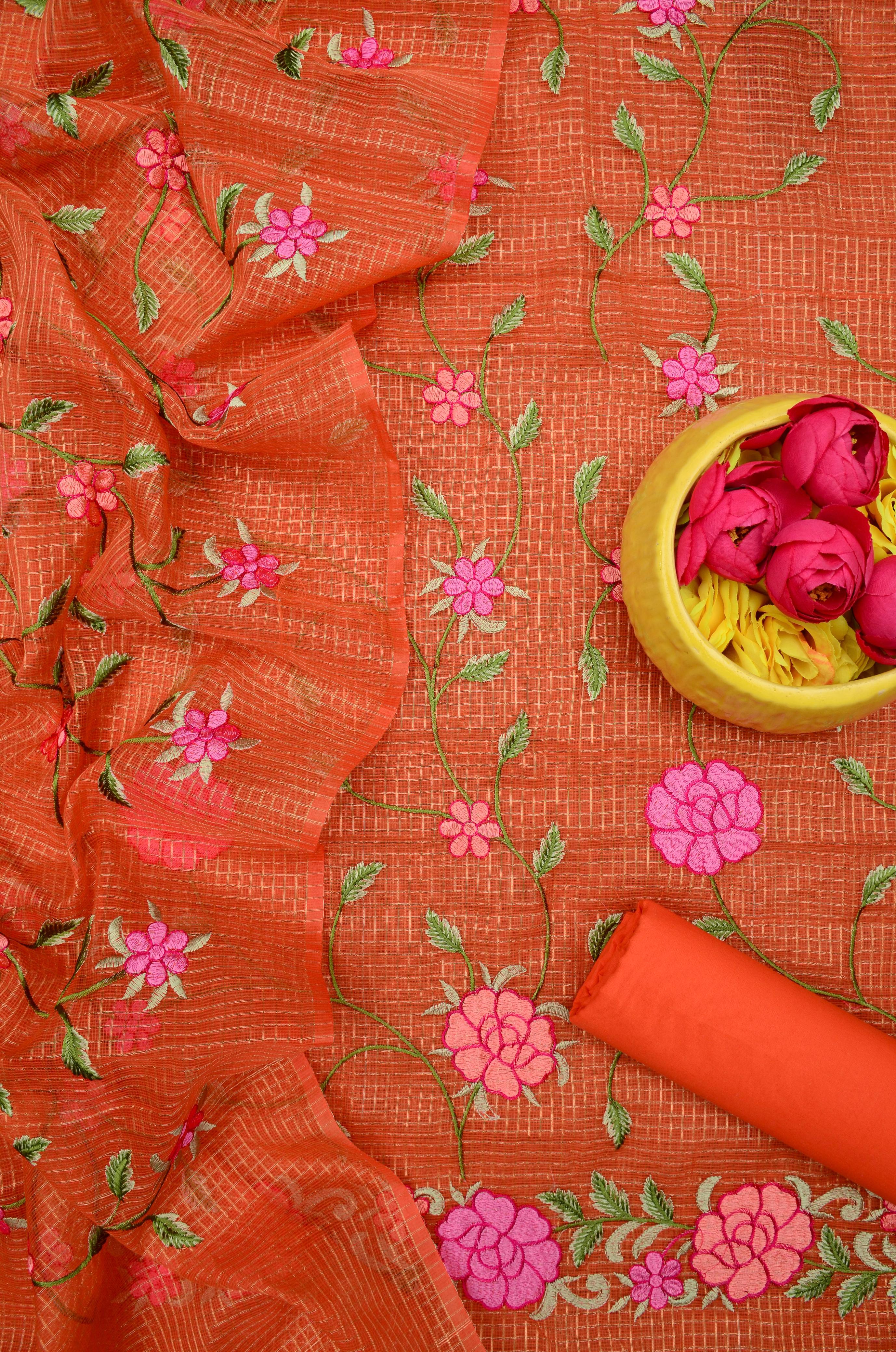 Kota Doria Embroidered Suit Set In orange (unstitched)