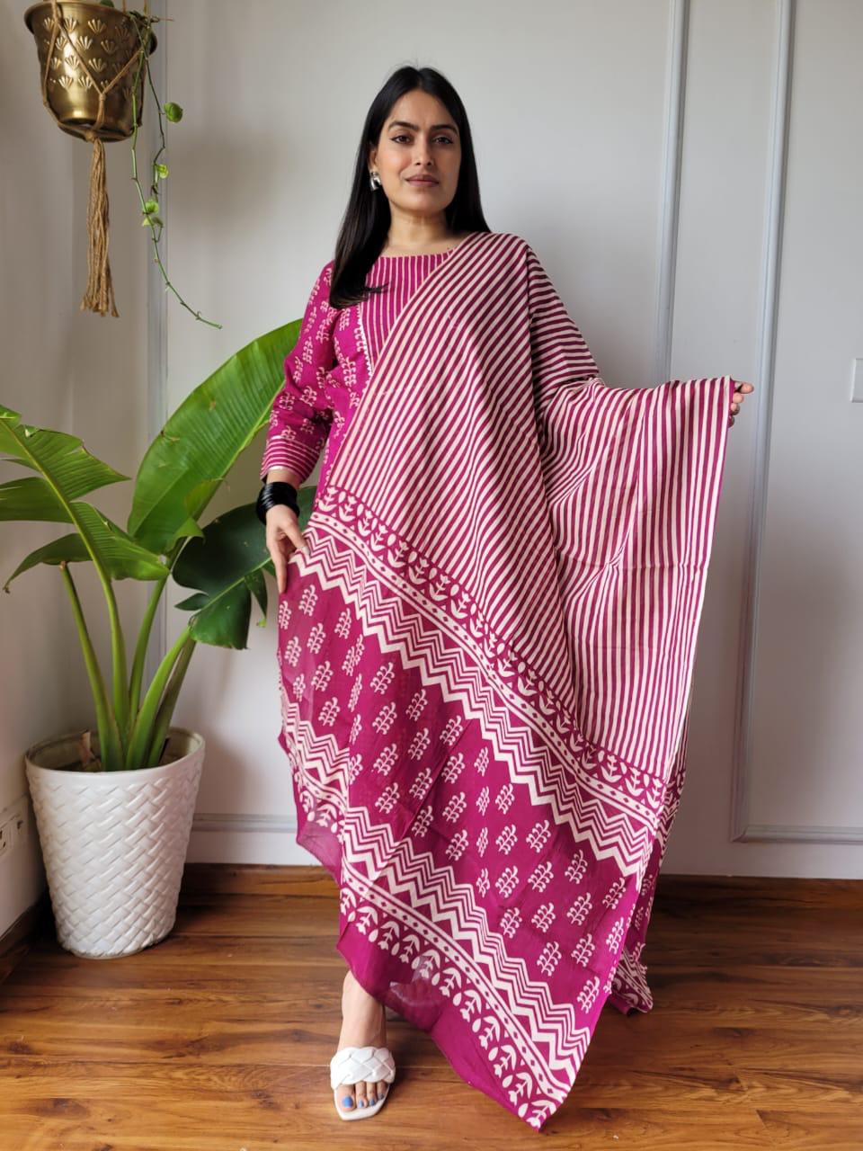 Pink Block Print Suit Set With Dupatta