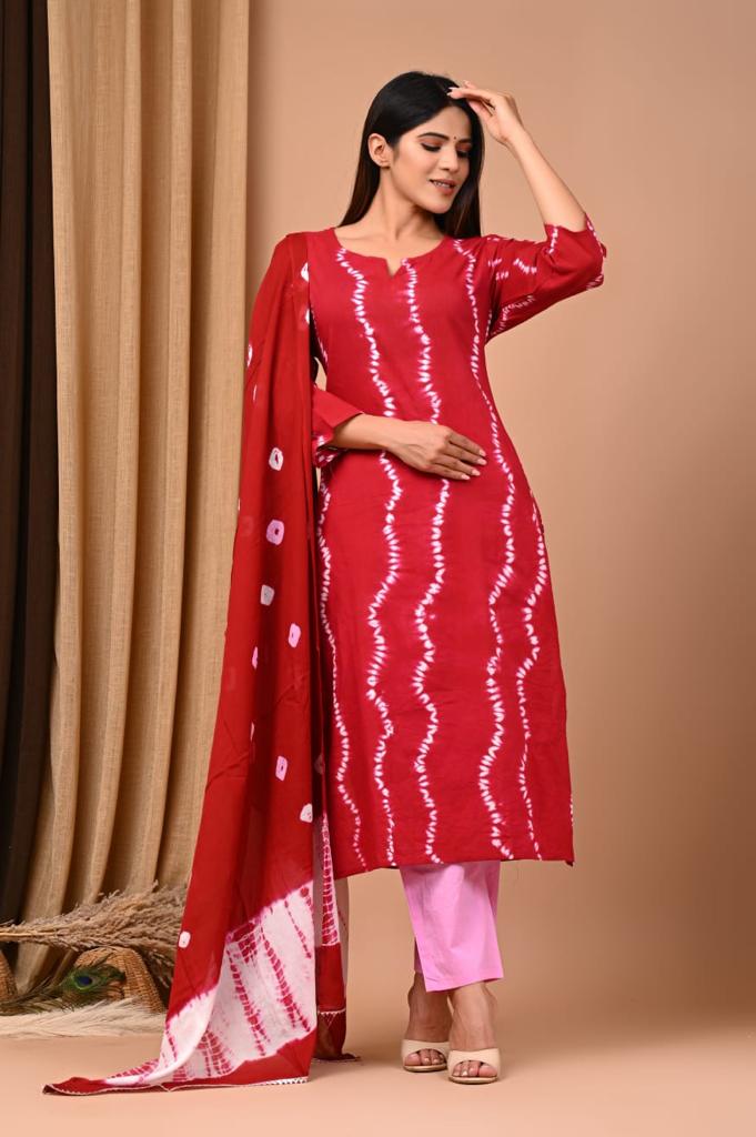 Red Block Print Suit Set With Dupatta