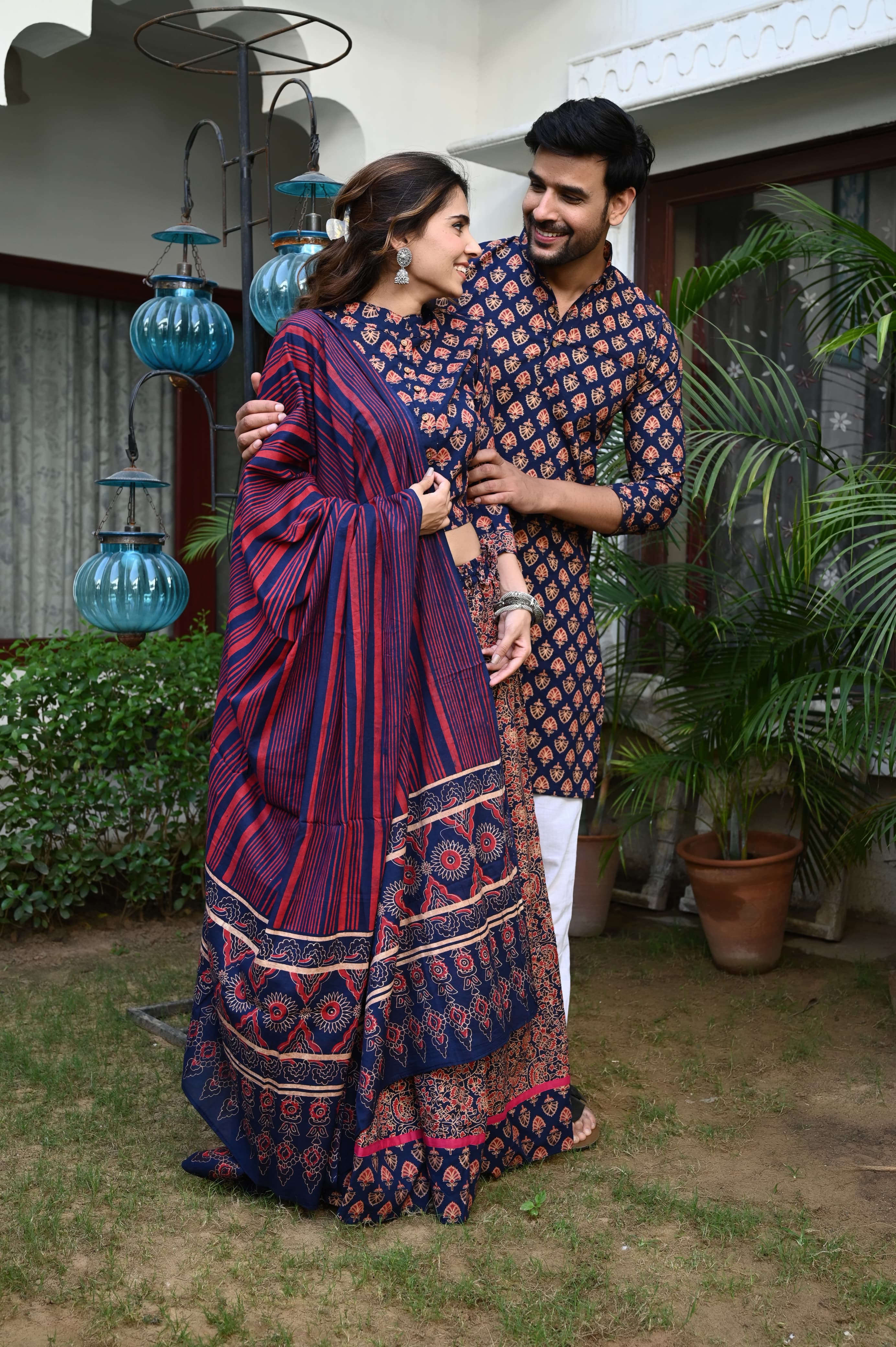 Jamuni colour Pure Cotton Twinning Couple Set In Block Print