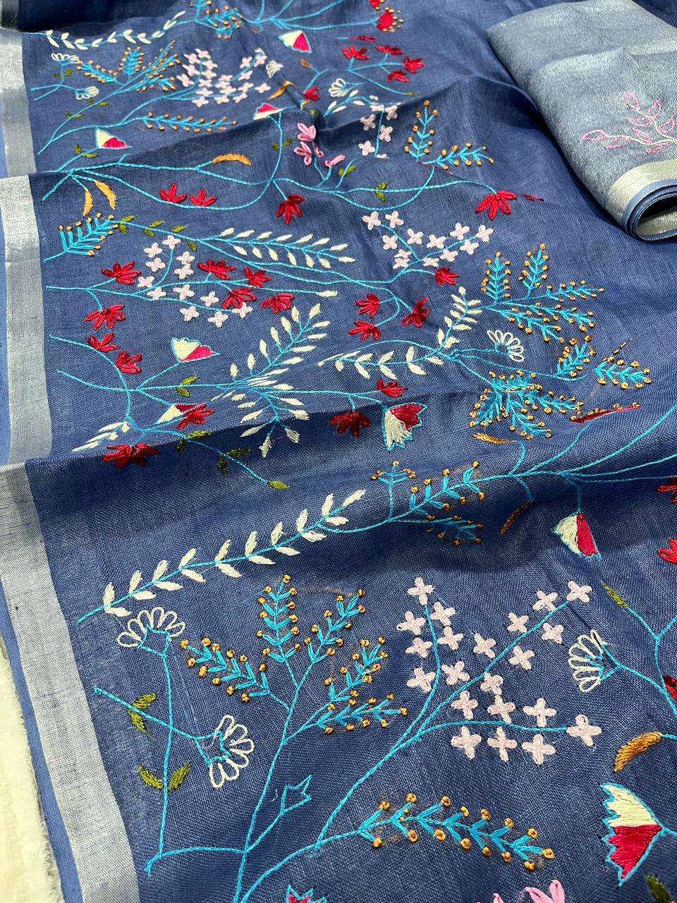 Linen Embroidery Saree In Blue