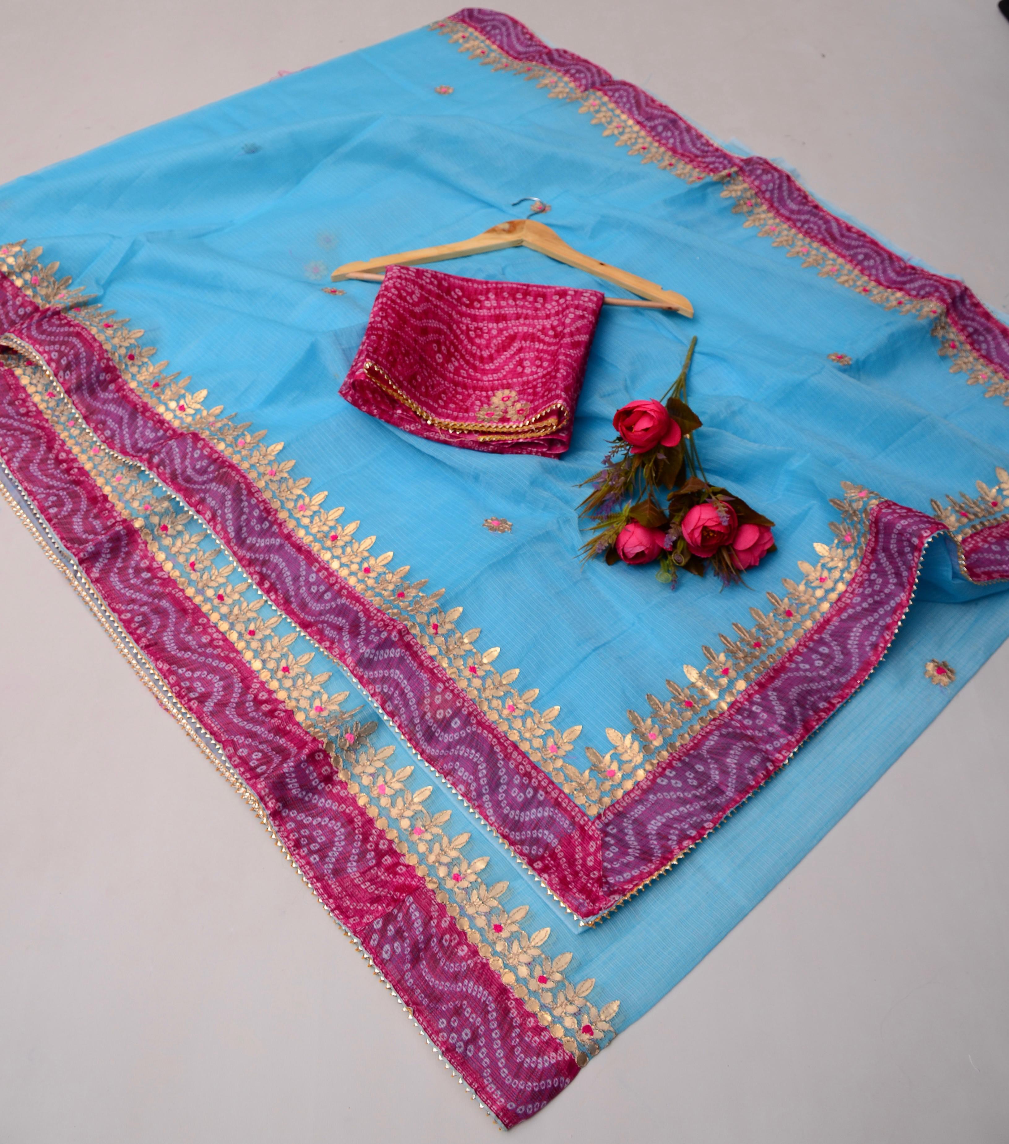 Blue Kota Doria Gota Patti Saree