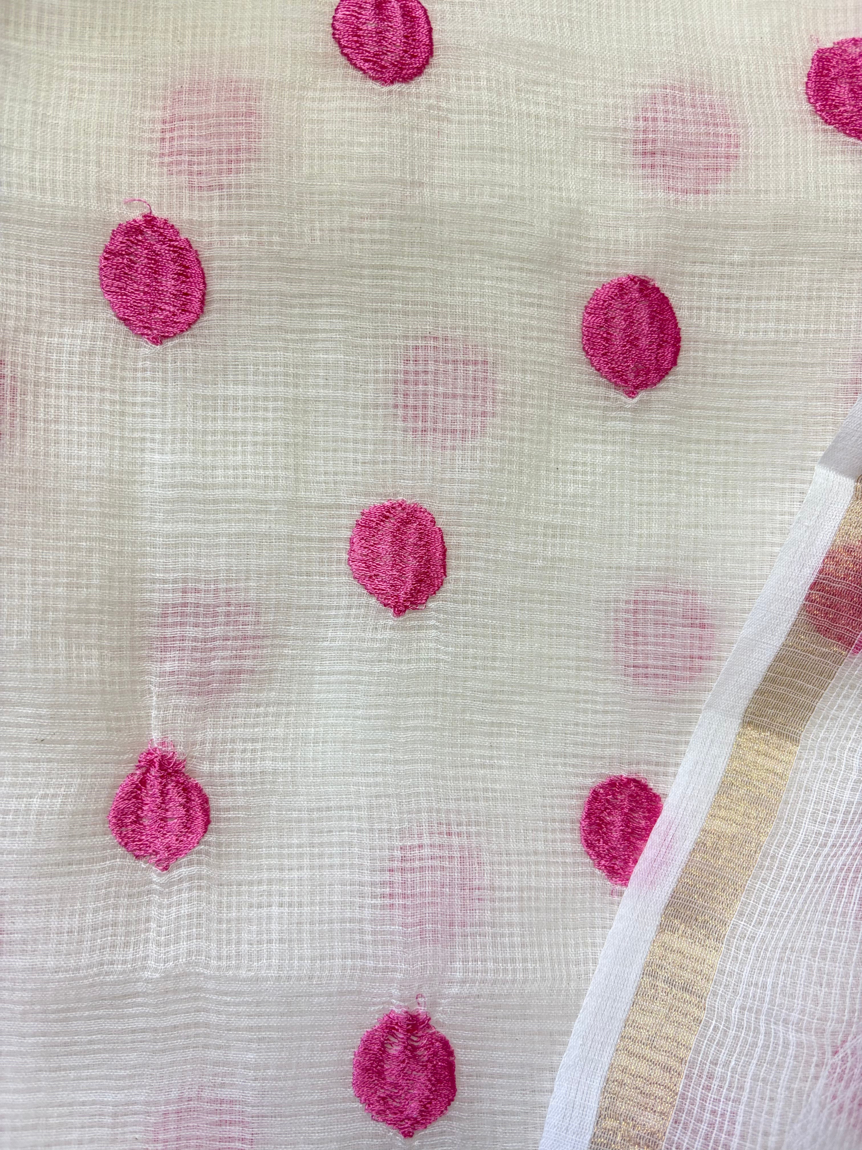 Kota Doriya Embroidery Work Suit In white Colour with pink dotted touch