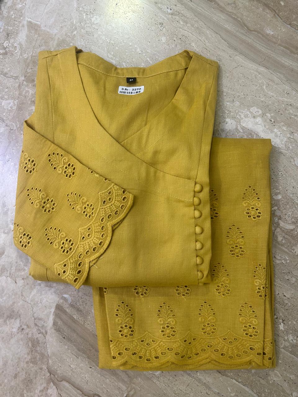 Mustard Yellow Coord Set With Chikankari Cutwork Cotton