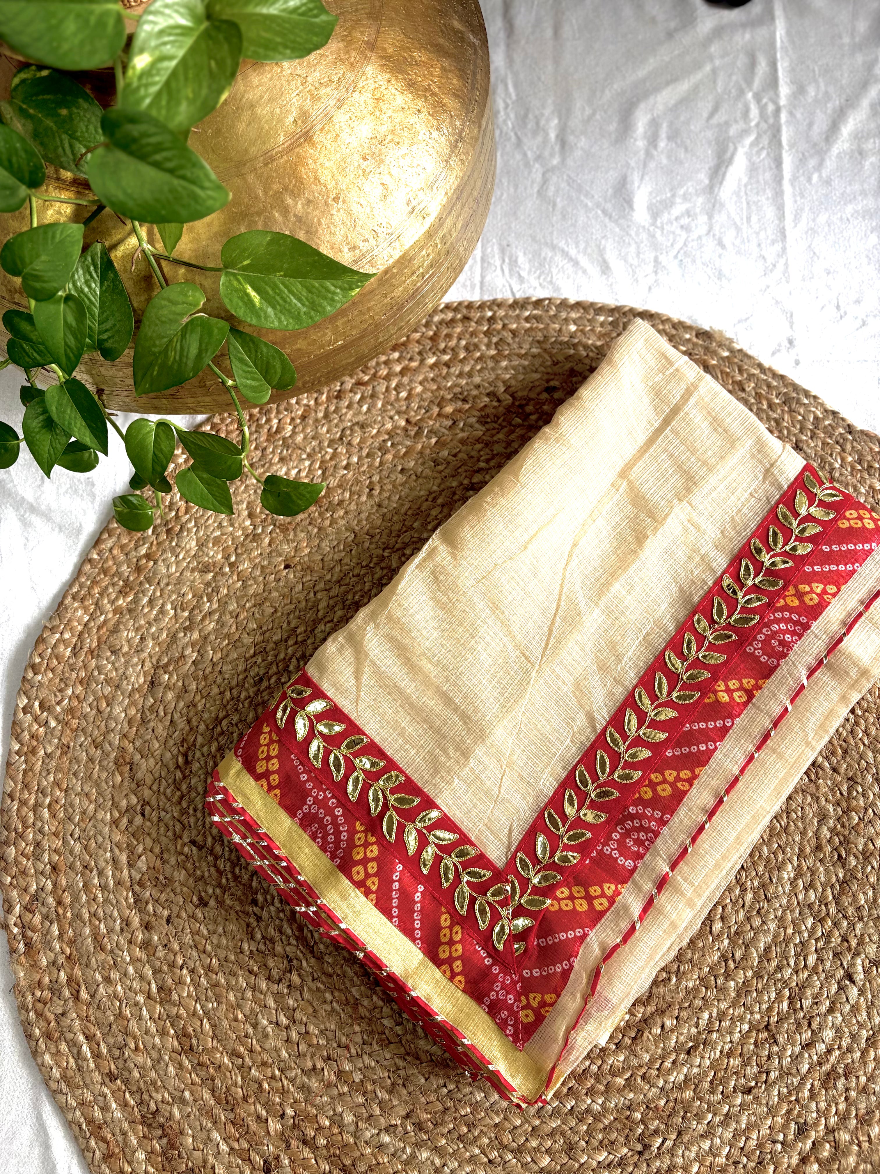 Beige colour Kota Doria Gota Patti Saree