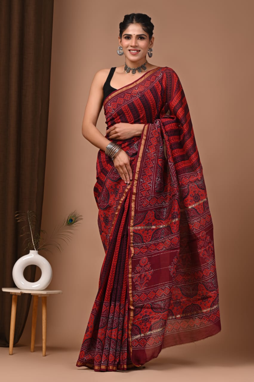 Maroon Chanderi Hand Block Printed  Saree