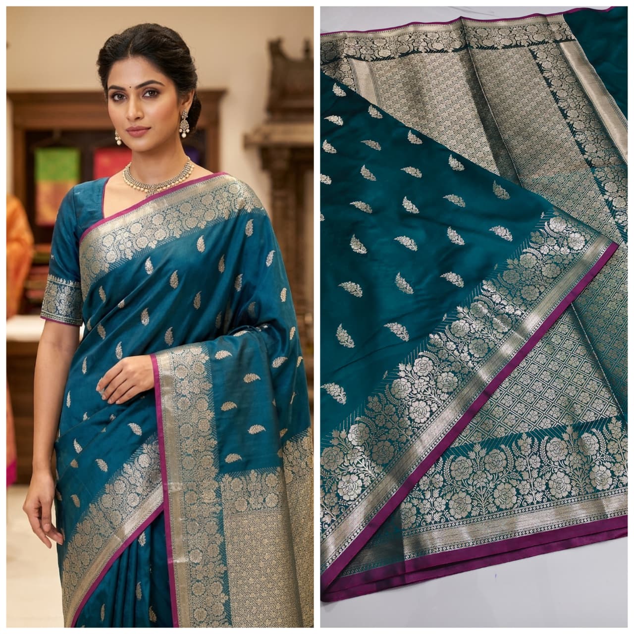 Banarasi Handloom Semi Kathan  Saree In Rama Green