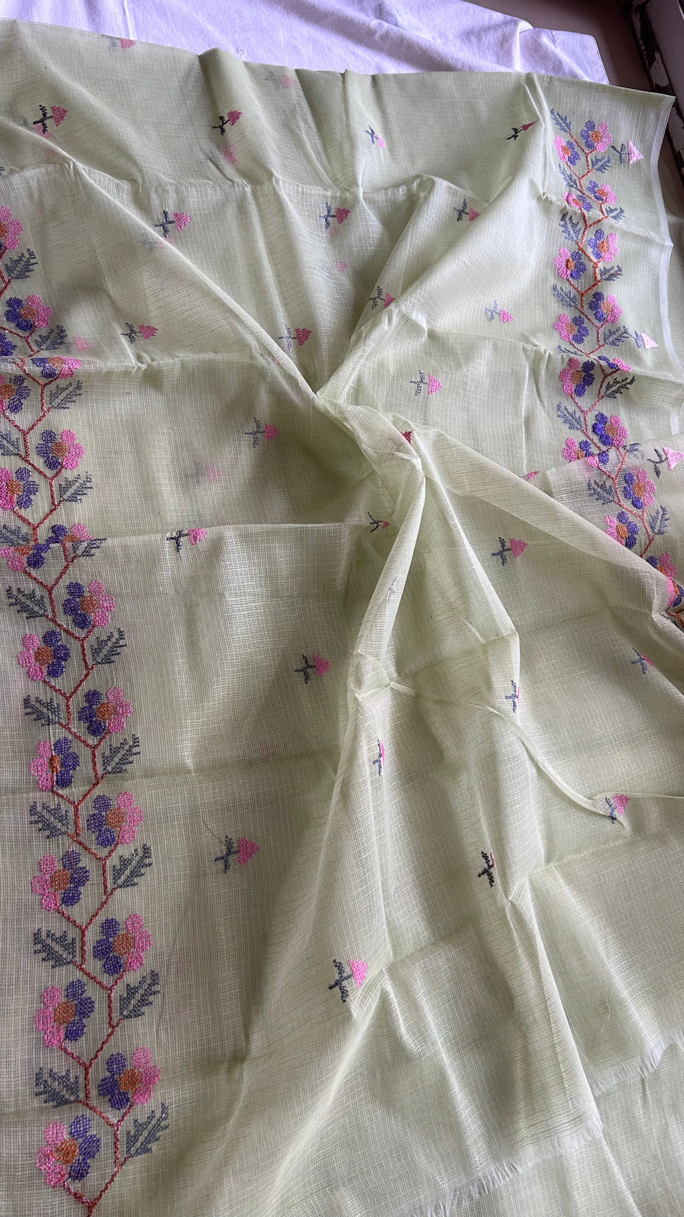 Cross Stitch Kota Doria Embroidery Work Saree In Pista Green