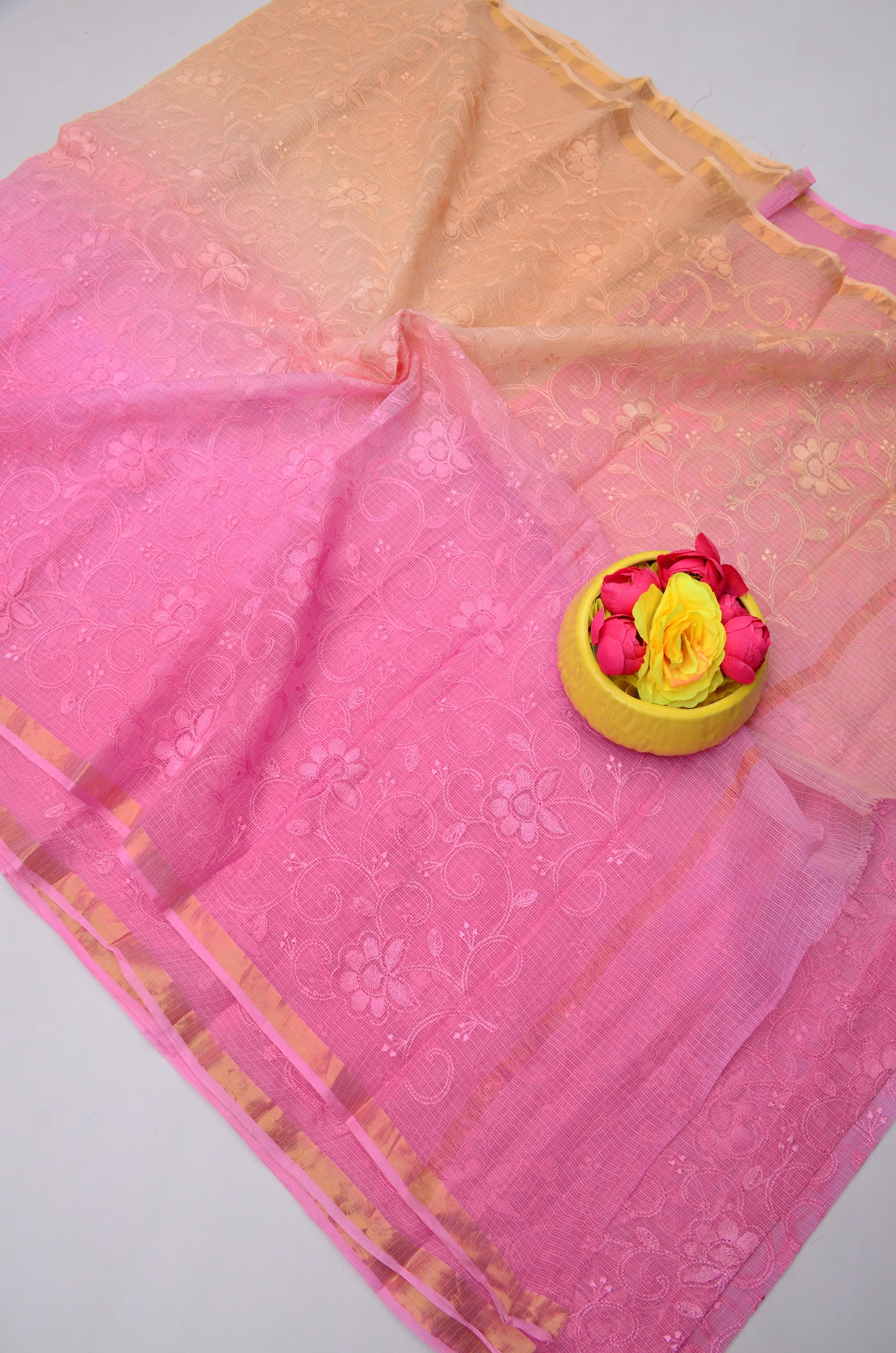 Pink Kota Doria Embroidery Work Saree