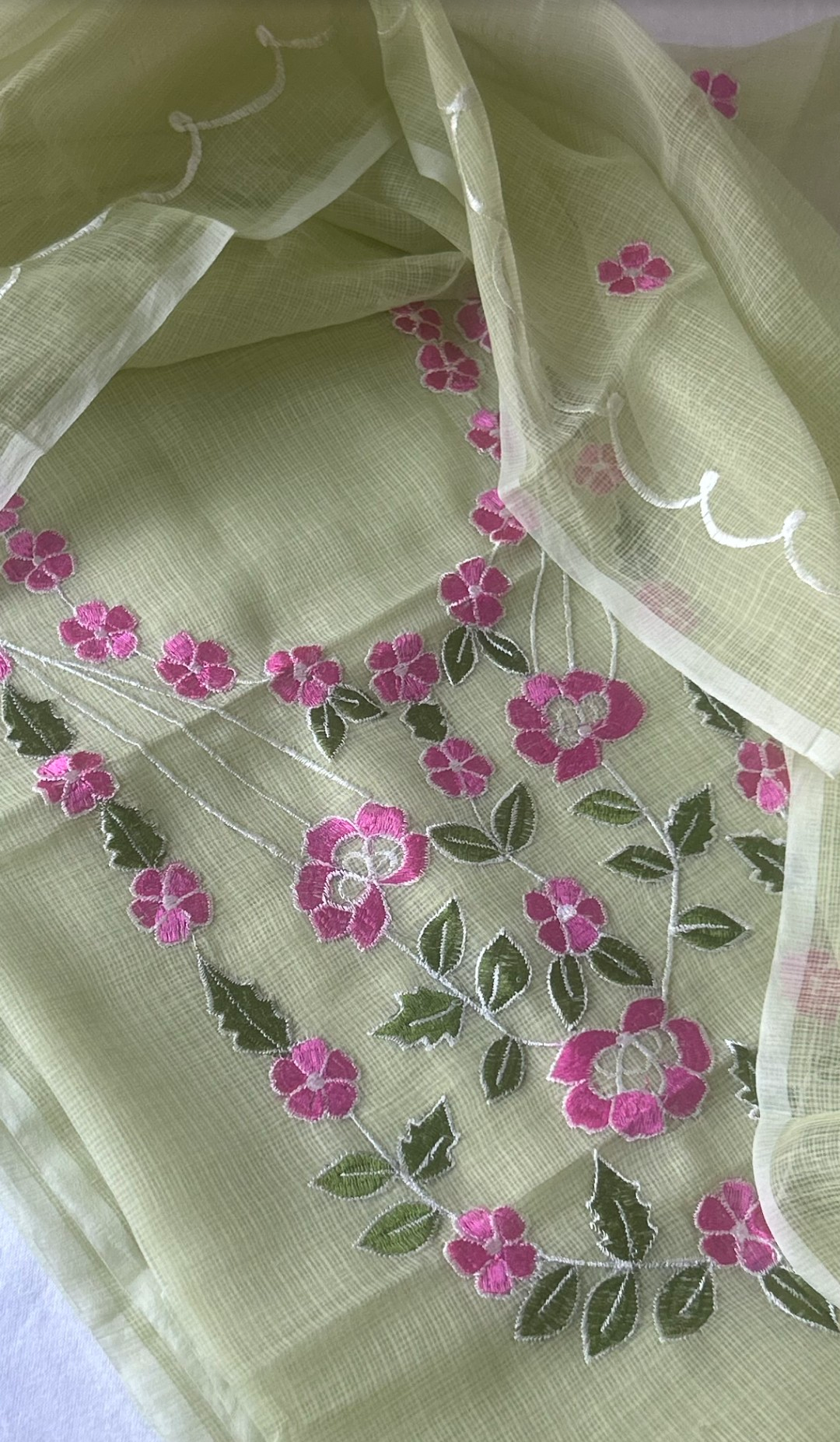 Kota Doria Embroidered Suit Set In Pista Green