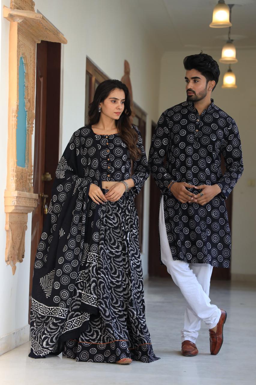 Black colour Pure Cotton Twinning Couple Set In Block Print