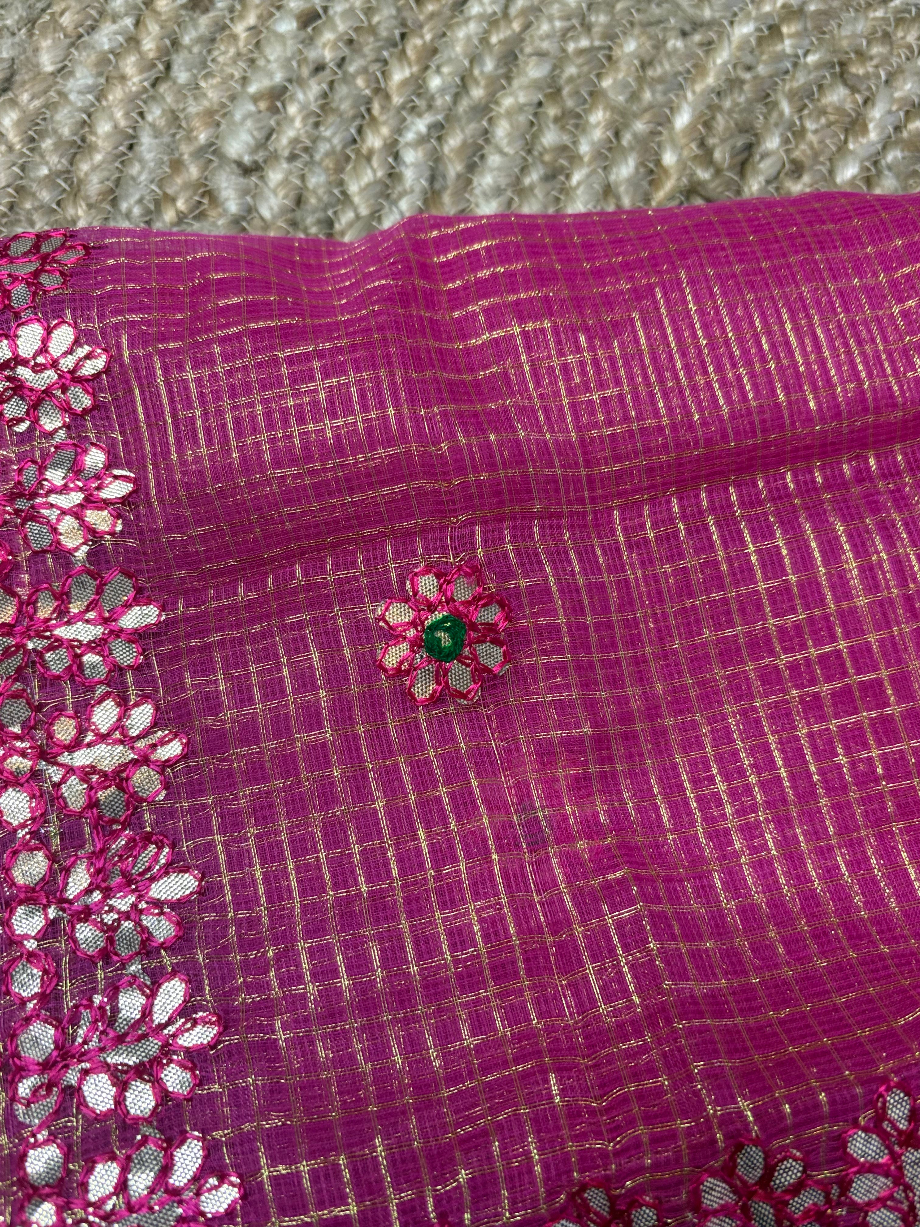 Hot Pink Kota Doria Gota Patti Saree