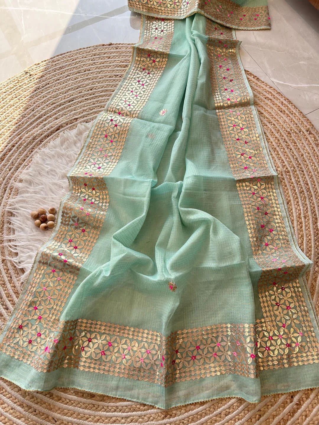 Gulhari- Sky Blue Kota Doria Heavy Border Gota Patti Saree