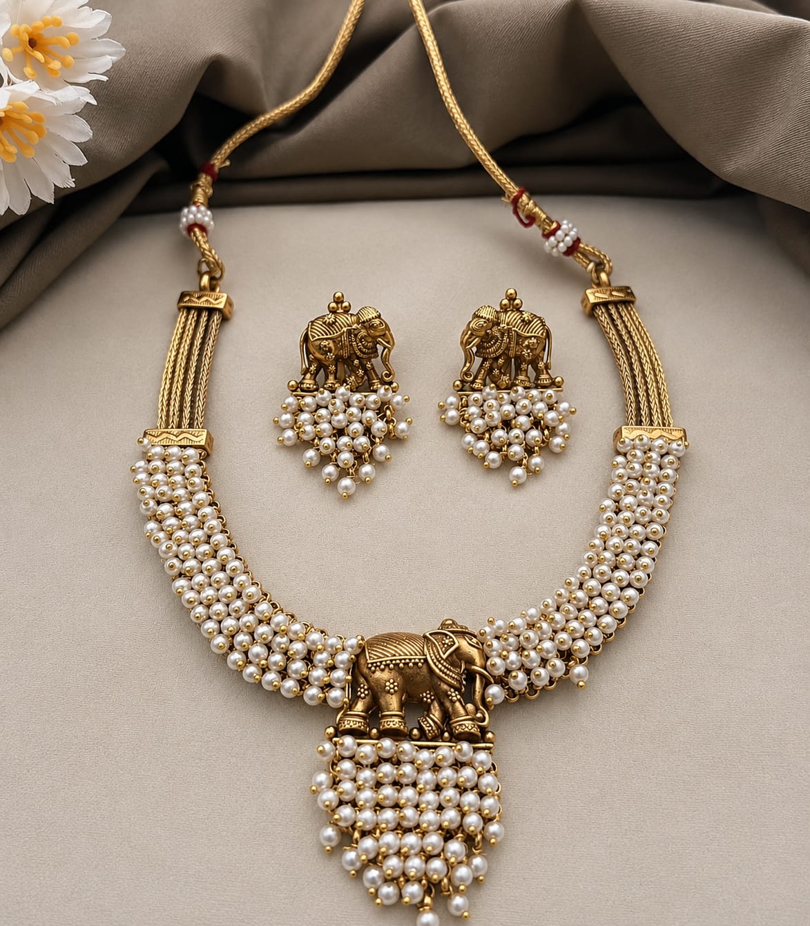 White South Indian Traditional Elephant Styles Necklace Set