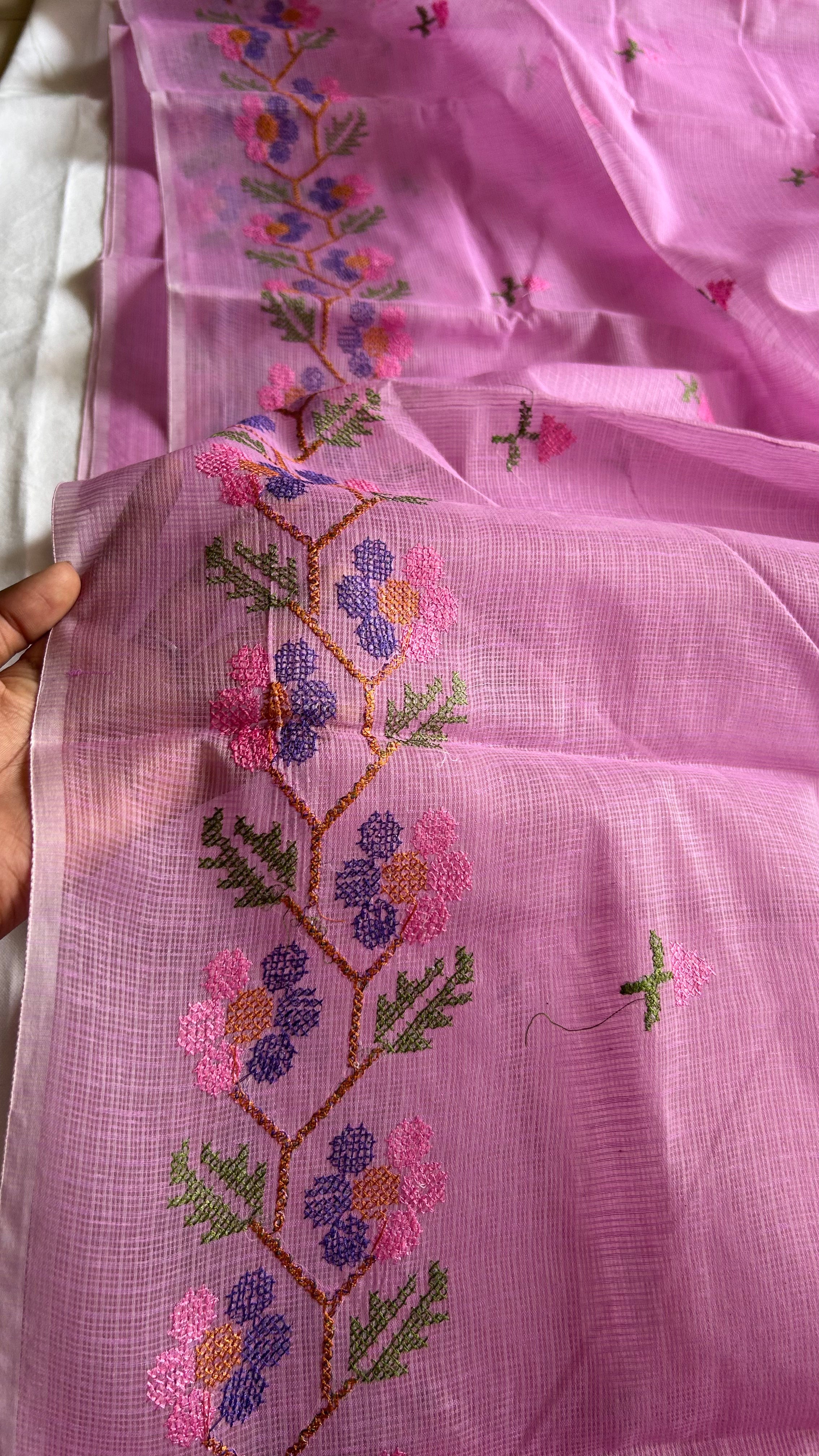 Cross Stitch Kota Doria Embroidery Work Saree In Pink