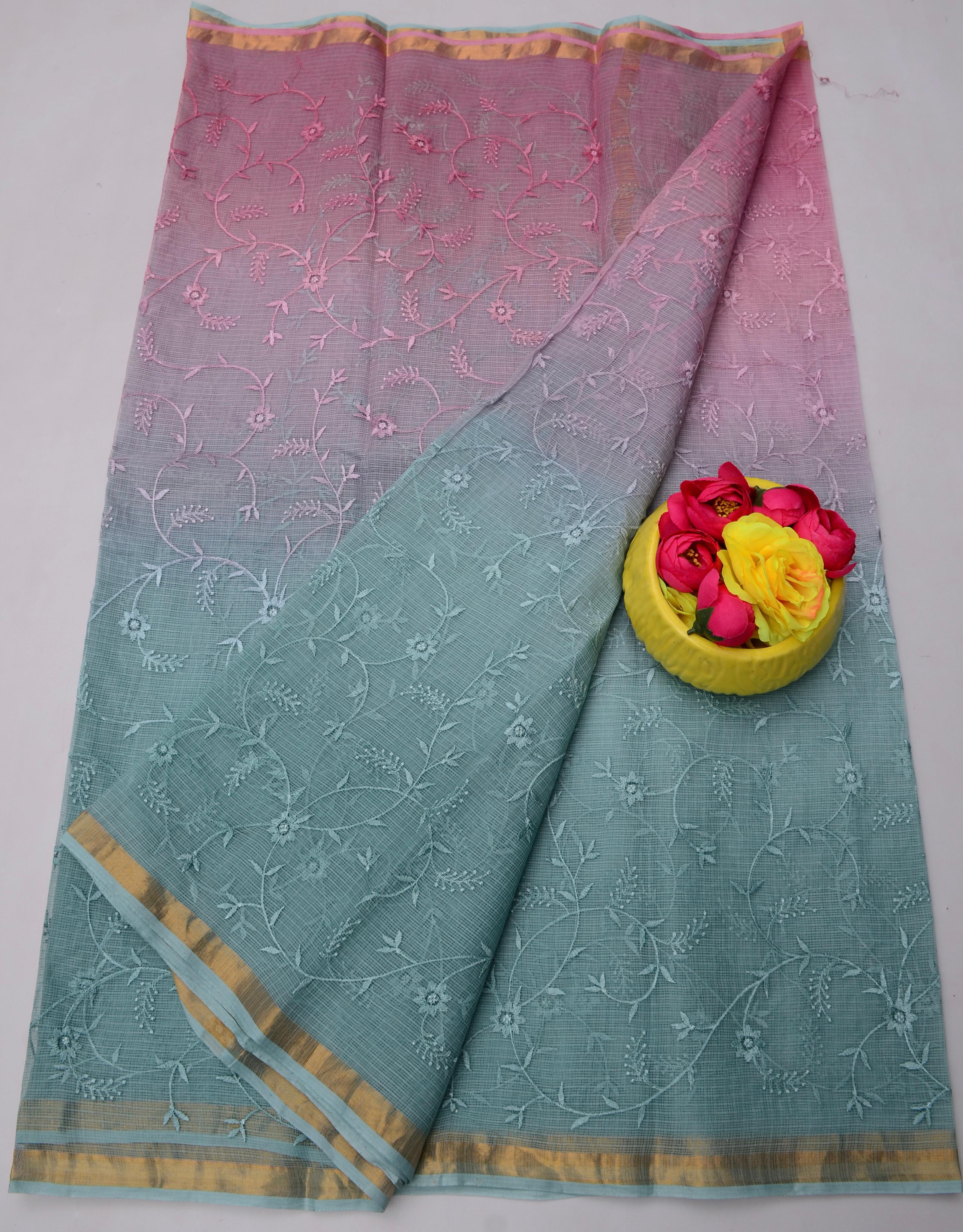 Dusty pink & Green Kota Doria All Over Embroidery Work Saree