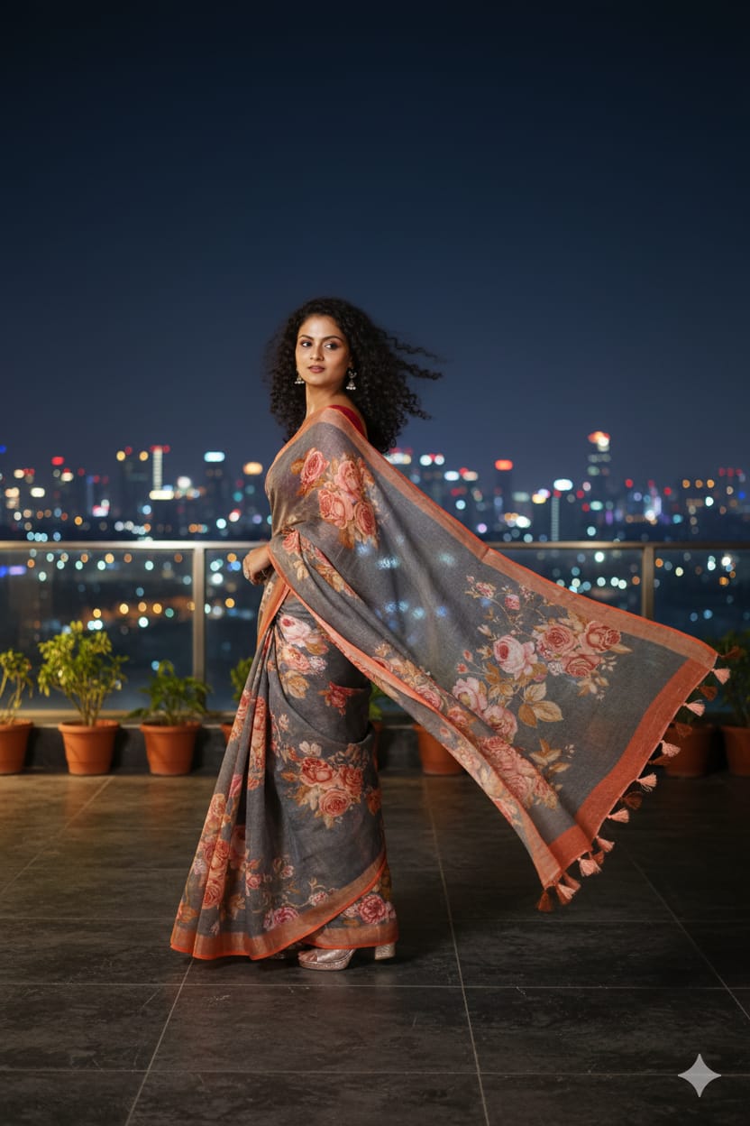 Lavani Black Floral Print Pure Linen Saree