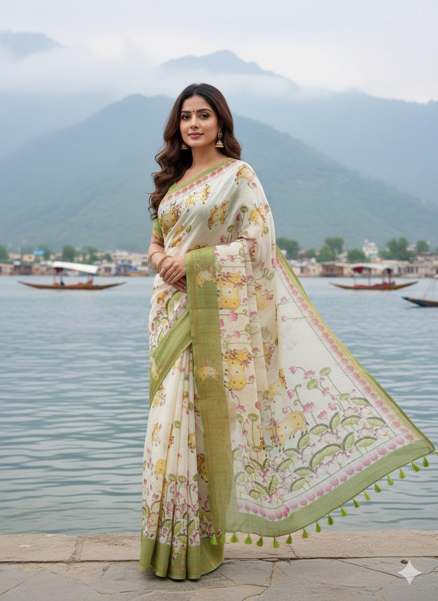 Varini Off White Floral Print Pure Linen Saree