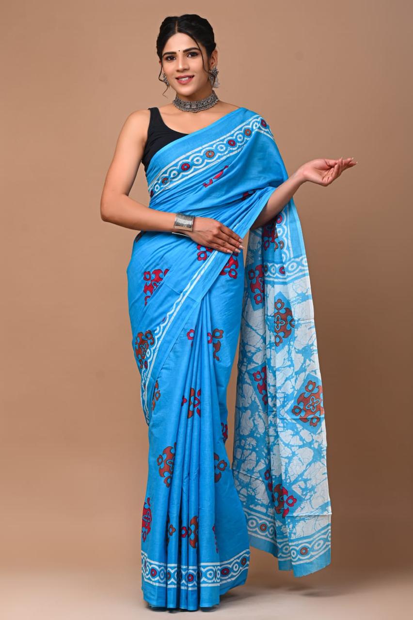 Vibrant blue block print mul mul saree