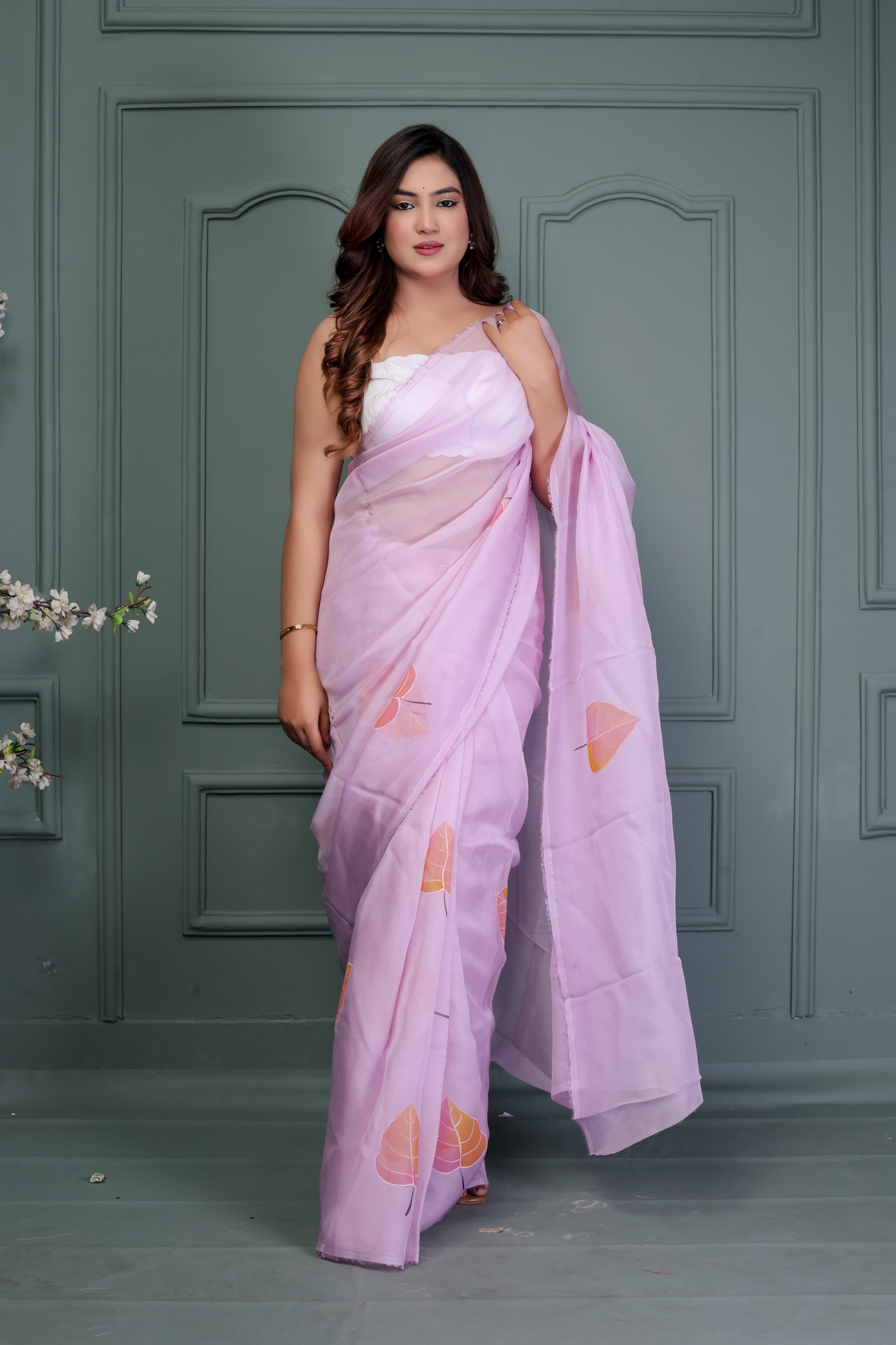 Pink Organza Hand Painted Saree