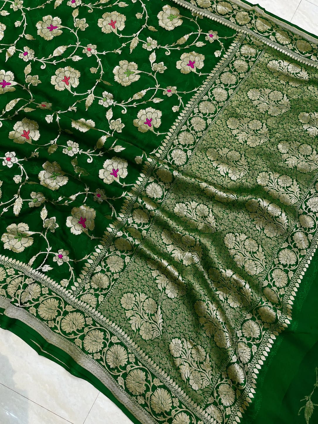 Green Banarasi Handloom Semi Georgette Saree
