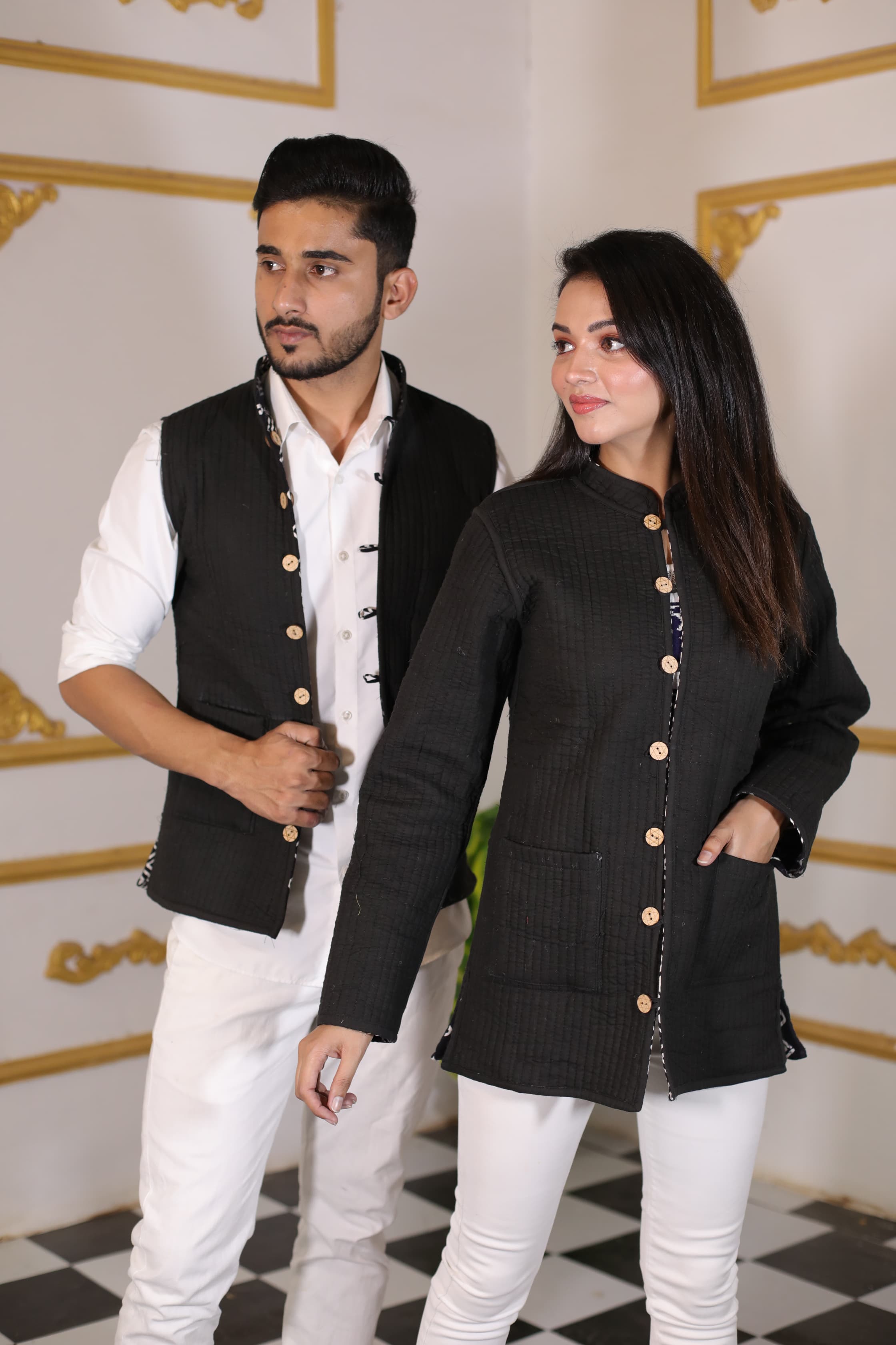 Black Color Twinning Couple Pure Cotton Bagru Print Quilted Reversible Jackets