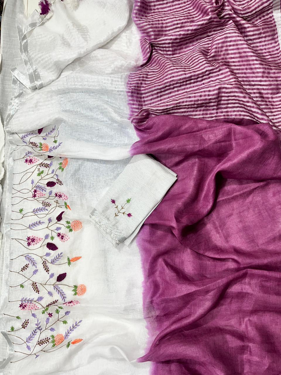 Linen Embroidery Saree In Purple & White