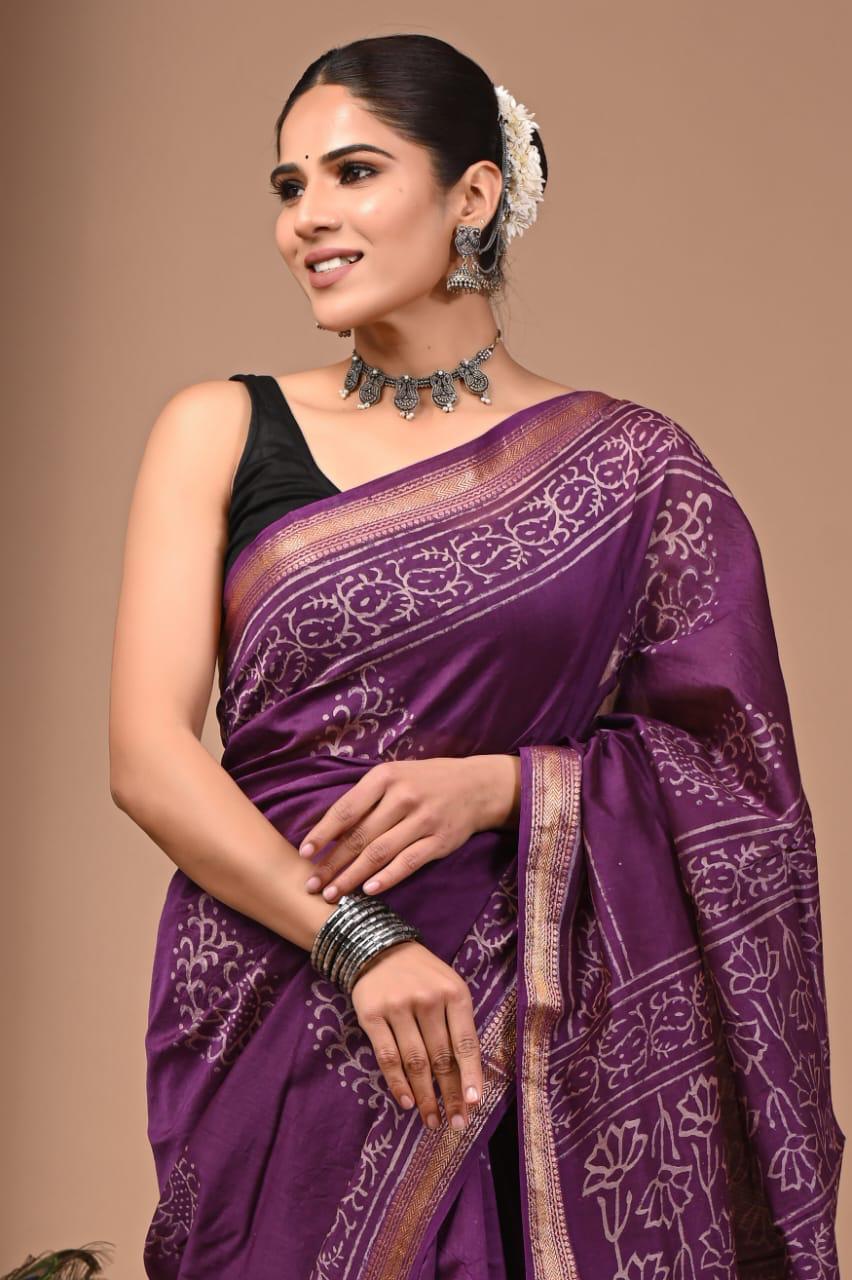 Purple Maheshwari Silk Bagru Hand Block Print Saree